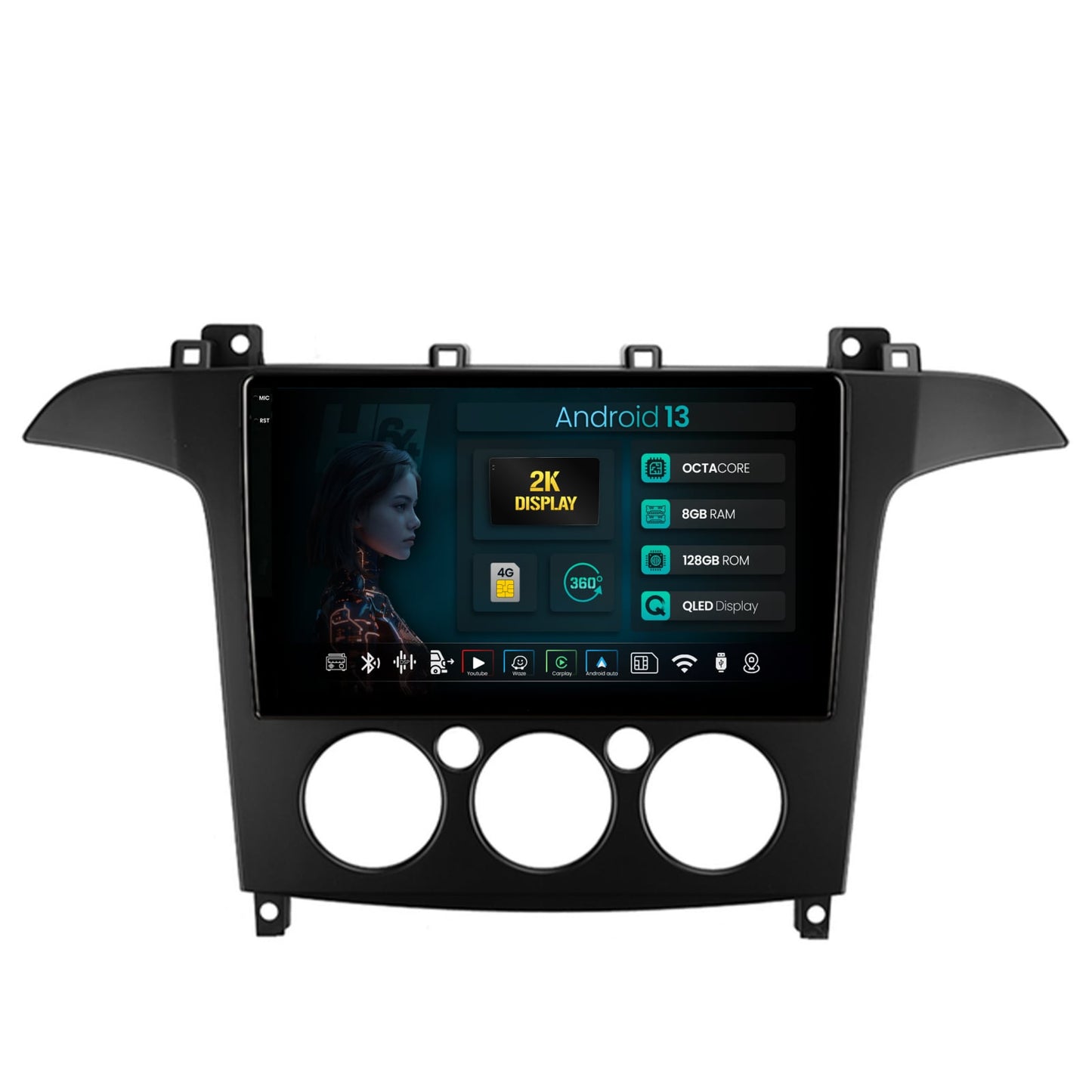 Navigatie 2K HUB64 Ford S-MAX (2006-2015) Clima Manuala, 8GB RAM, Android, Octacore, Slot Sim 4G, DSP, GPS, Wi-FI, Carplay, Android Auto, USB, Bluetooth, Waze, Touchscreen, 9.5 Inch