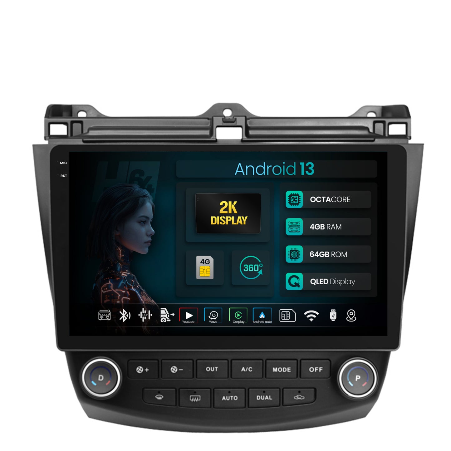 Navigatie 2K HUB64 Honda Accord 7 (2005-2008), 4GB RAM, Android, Octacore, Slot Sim 4G, DSP, GPS, Wi-FI, Carplay, Android Auto, USB, Bluetooth, Waze, Touchscreen, 10.36 Inch