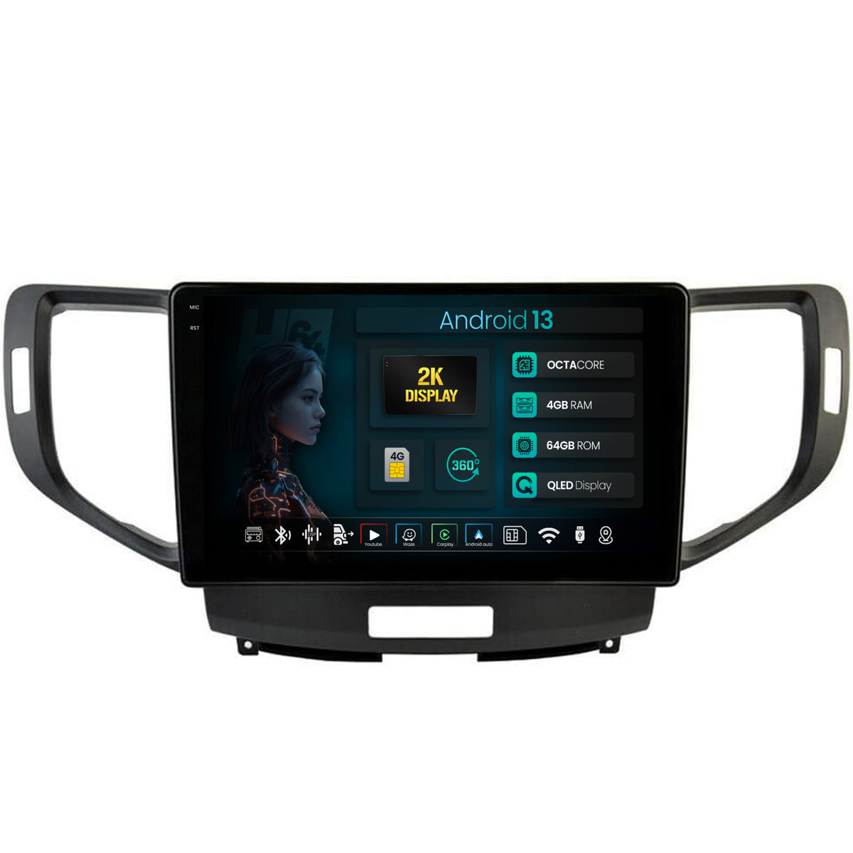 Navigatie 2K HUB64 Honda Accord VIII (2008-2012), 4GB RAM, Android, Octacore, Slot Sim 4G, DSP, GPS, Wi-FI, Carplay, Android Auto, USB, Bluetooth, Waze, Touchscreen, 9.5 Inch