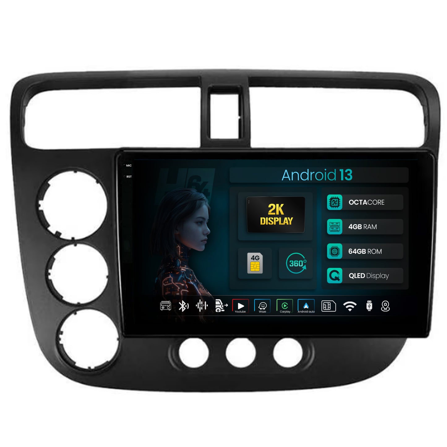 Navigatie 2K HUB64 Honda Civic (1998-2005), 4GB RAM, Android, Octacore, Slot Sim 4G, DSP, GPS, Wi-FI, Carplay, Android Auto, USB, Bluetooth, Waze, Touchscreen, 9.5 Inch