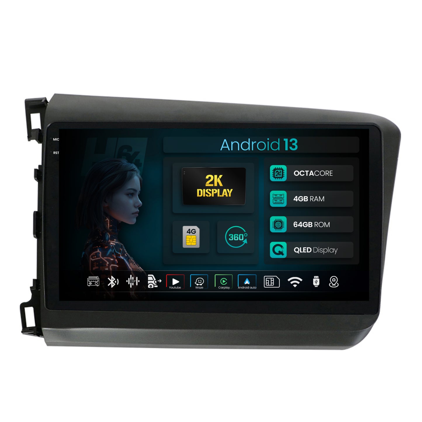 Navigatie 2K HUB64 Honda Civic (2012-2015), 4GB RAM, Android, Octacore, Slot Sim 4G, DSP, GPS, Wi-FI, Carplay, Android Auto, USB, Bluetooth, Waze, Touchscreen, 9.5 Inch