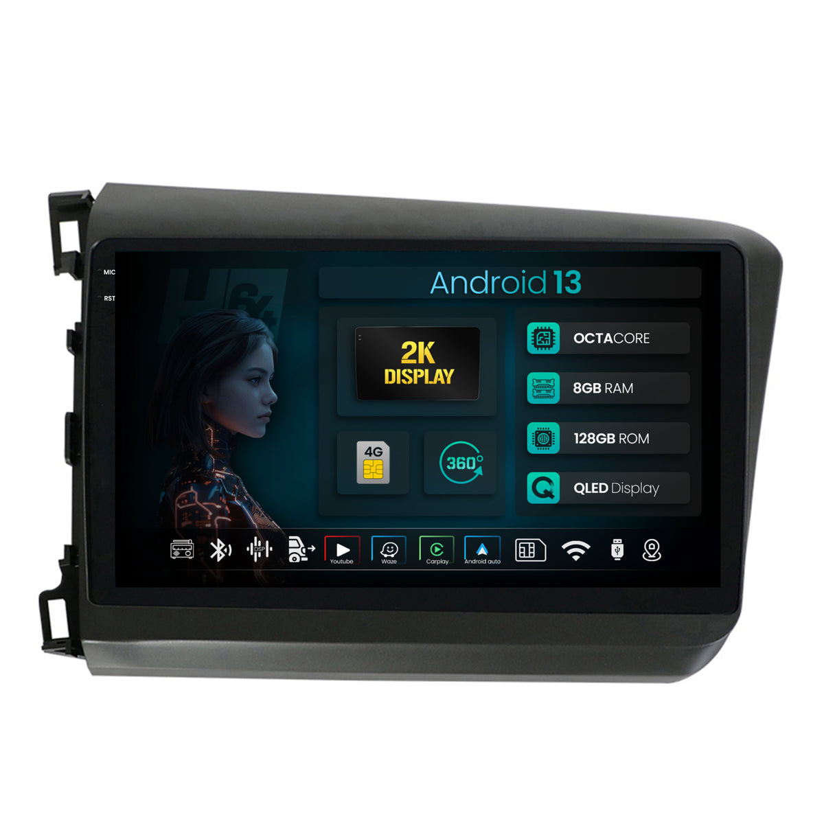 Navigatie 2K HUB64 Honda Civic (2012-2015), 8GB RAM, Android, Octacore, Slot Sim 4G, DSP, GPS, Wi-FI, Carplay, Android Auto, USB, Bluetooth, Waze, Touchscreen, 9.5 Inch