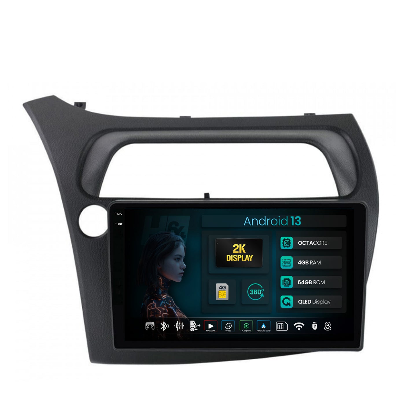 Navigatie 2K HUB64 Honda Civic Hatchback (2006-2011), 4GB RAM, Android, Octacore, Slot Sim 4G, DSP, GPS, Wi-FI, Carplay, Android Auto, USB, Bluetooth, Waze, Touchscreen, 9.5 Inch