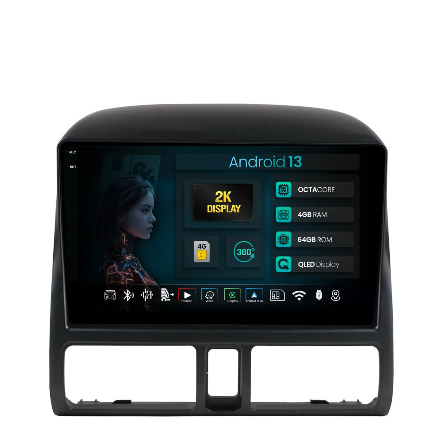 Navigatie 2K HUB64 Honda CRV (1998-2005), 4GB RAM, Android, Octacore, Slot Sim 4G, DSP, GPS, Wi-FI, Carplay, Android Auto, USB, Bluetooth, Waze, Touchscreen, 9.5 Inch
