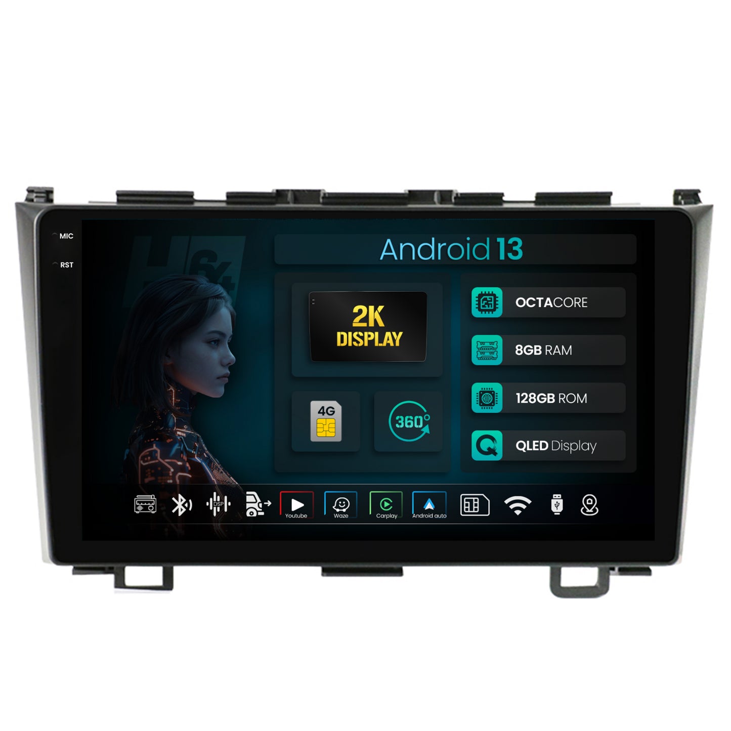 Navigatie 2K HUB64 Honda CRV (2006-2012), 8GB RAM, Android, Octacore, Slot Sim 4G, DSP, GPS, Wi-FI, Carplay, Android Auto, USB, Bluetooth, Waze, Touchscreen, 9.5 Inch