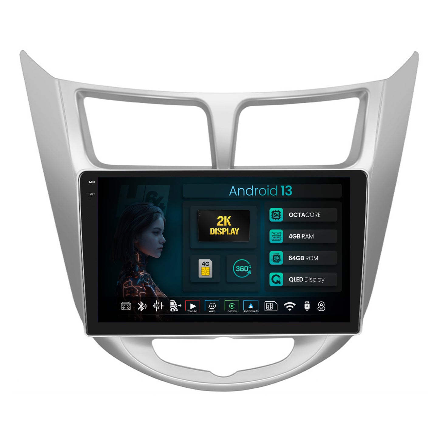 Navigatie 2K HUB64 Hyundai Accent (2011-2016), 4GB RAM, Android, Octacore, Slot Sim 4G, DSP, GPS, Wi-FI, Carplay, Android Auto, USB, Bluetooth, Waze, Touchscreen, 9.5 Inch