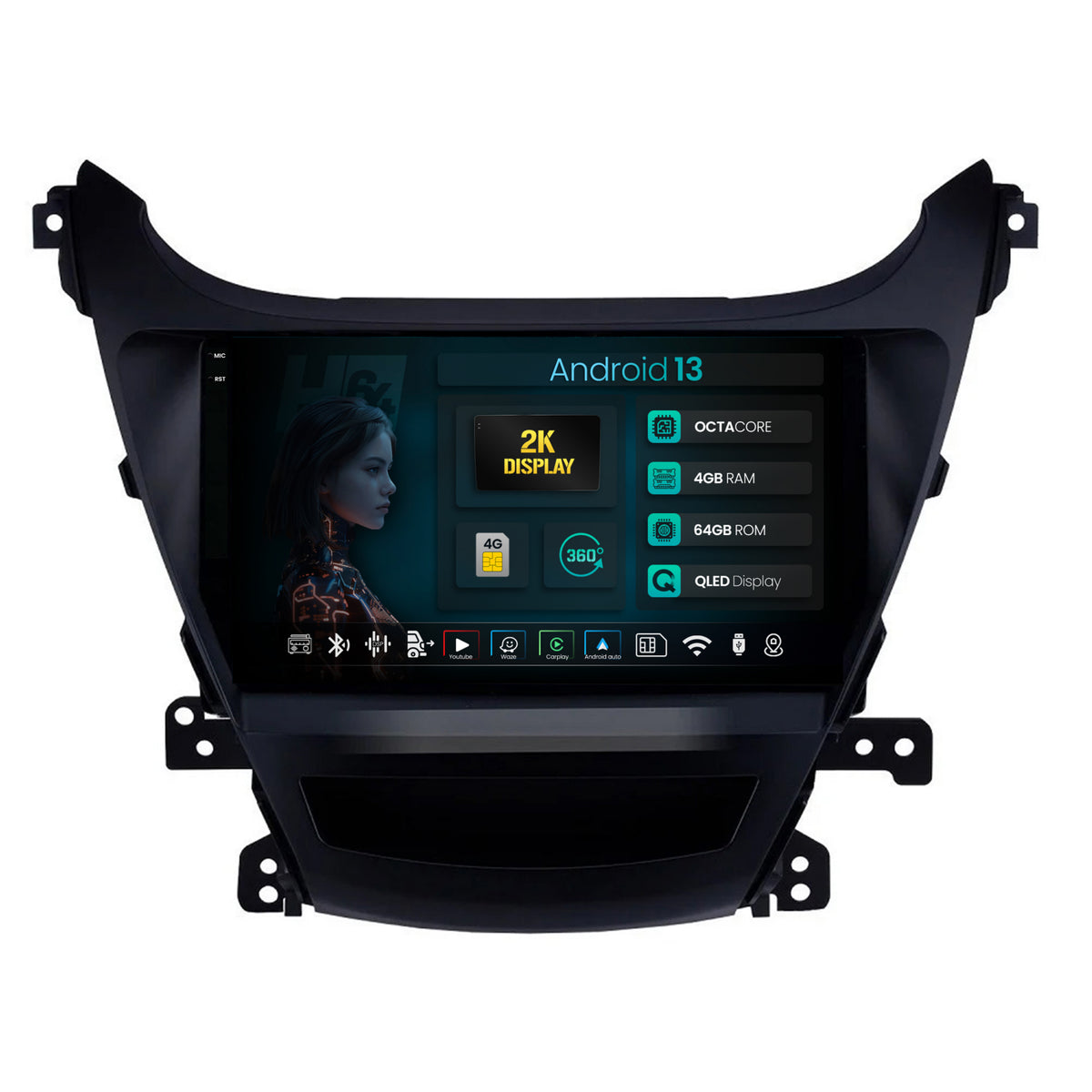 Navigatie 2K HUB64 Hyundai Elantra (2012-2014), 4GB RAM, Android, Octacore, Slot Sim 4G, DSP, GPS, Wi-FI, Carplay, Android Auto, USB, Bluetooth, Waze, Touchscreen, 9Inch