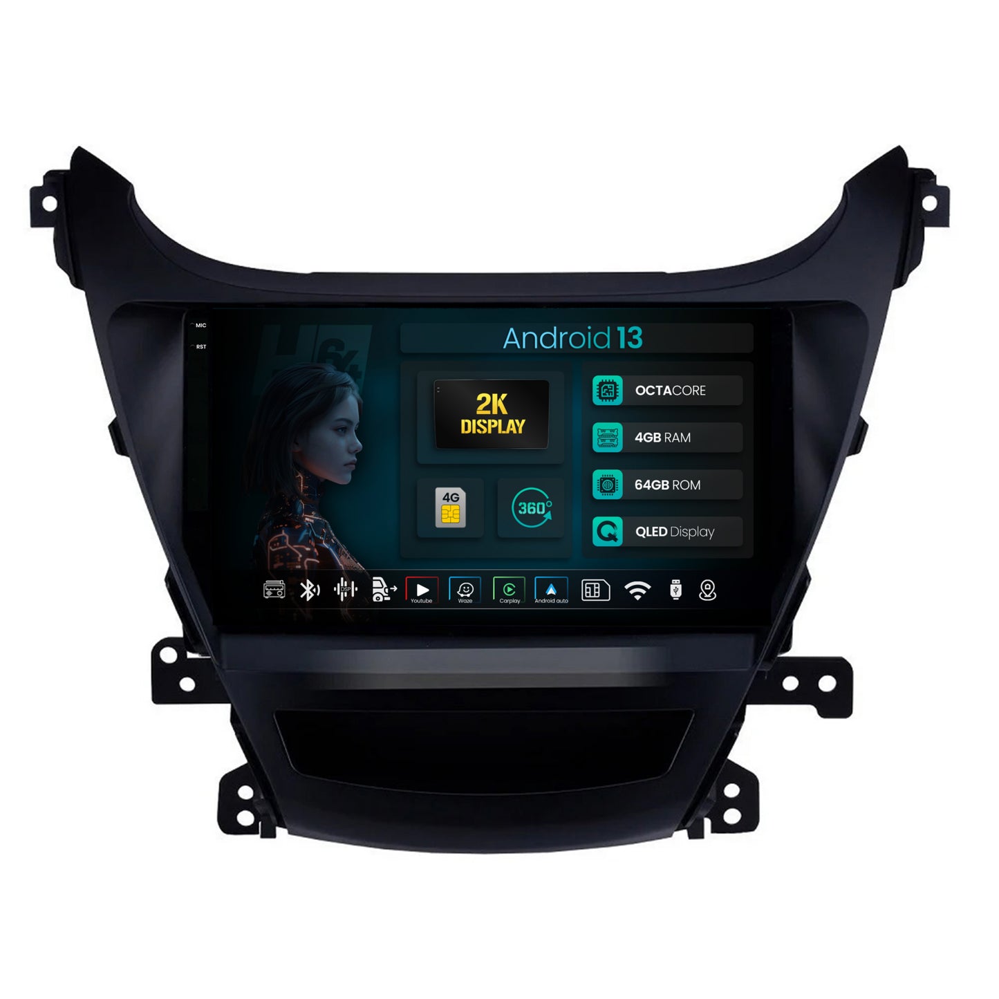 Navigatie 2K HUB64 Hyundai Elantra (2012-2014), 4GB RAM, Android, Octacore, Slot Sim 4G, DSP, GPS, Wi-FI, Carplay, Android Auto, USB, Bluetooth, Waze, Touchscreen, 9Inch