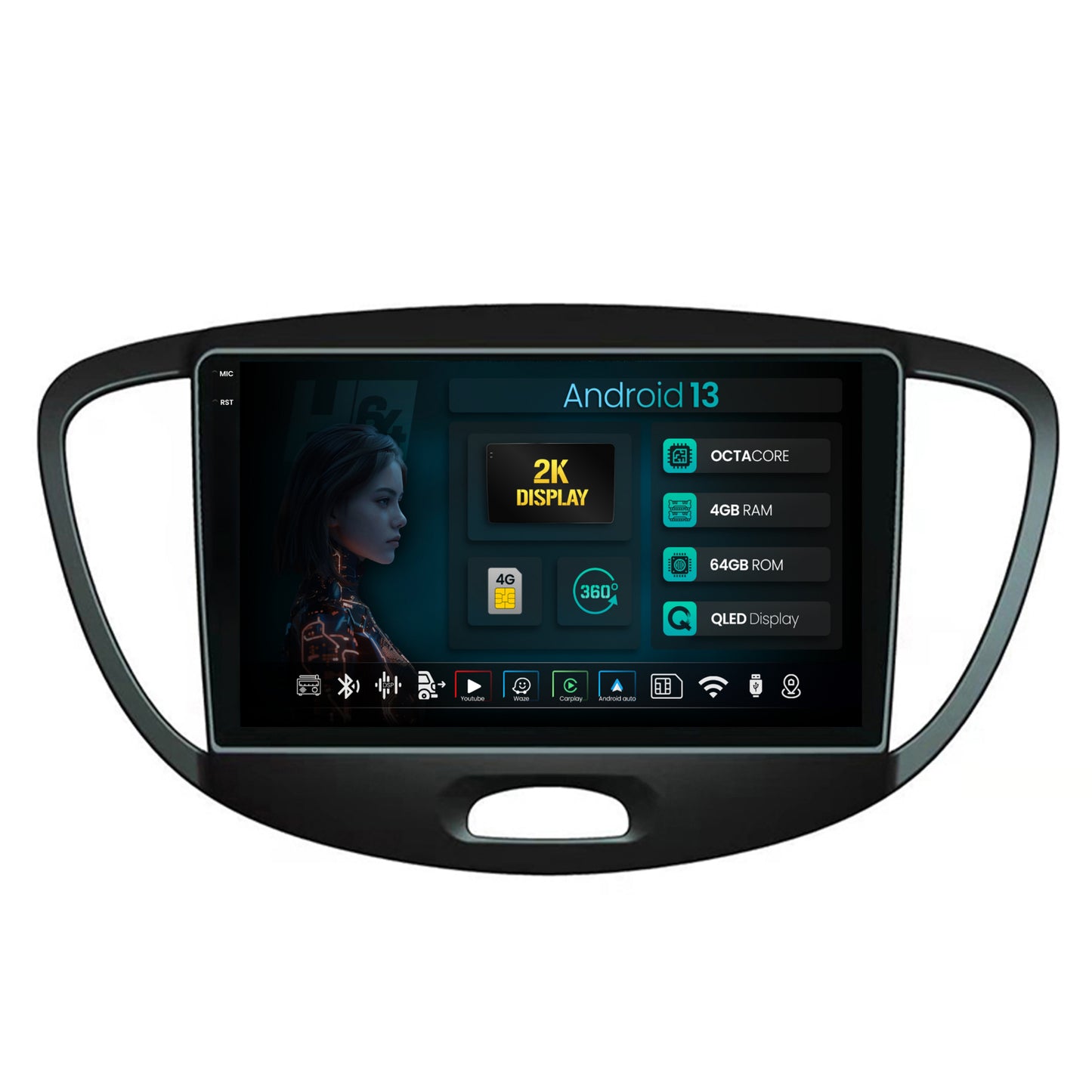 Navigatie 2K HUB64 Hyundai I10 (2007-2013), 4GB RAM, Android, Octacore, Slot Sim 4G, DSP, GPS, Wi-FI, Carplay, Android Auto, USB, Bluetooth, Waze, Touchscreen, 9.5 Inch