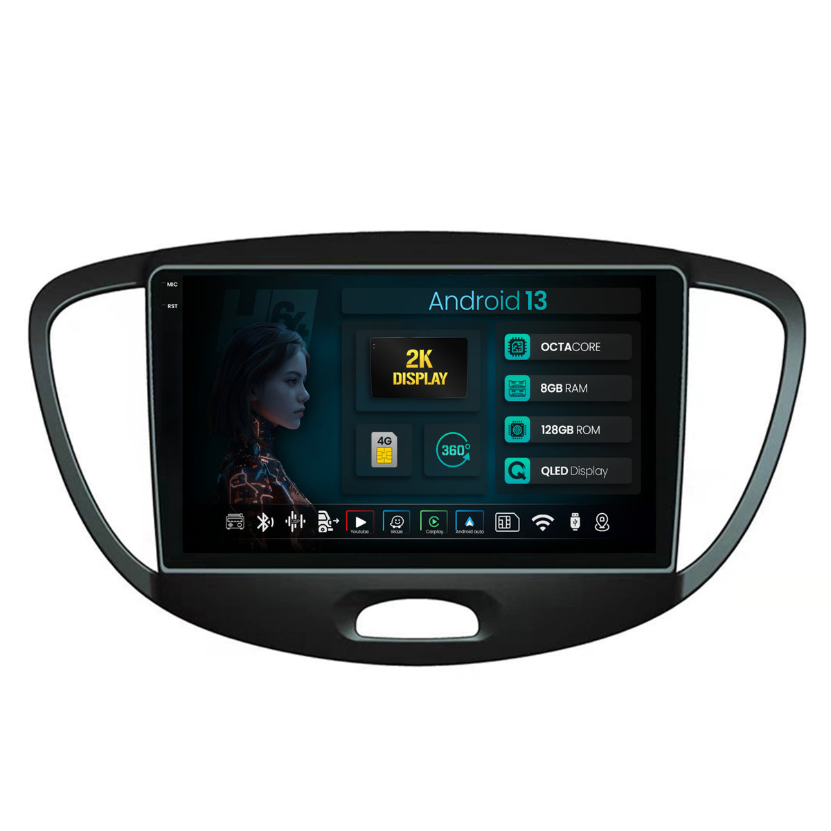 Navigatie 2K HUB64 Hyundai I10 (2007-2013), 8GB RAM, Android, Octacore, Slot Sim 4G, DSP, GPS, Wi-FI, Carplay, Android Auto, USB, Bluetooth, Waze, Touchscreen, 9.5 Inch