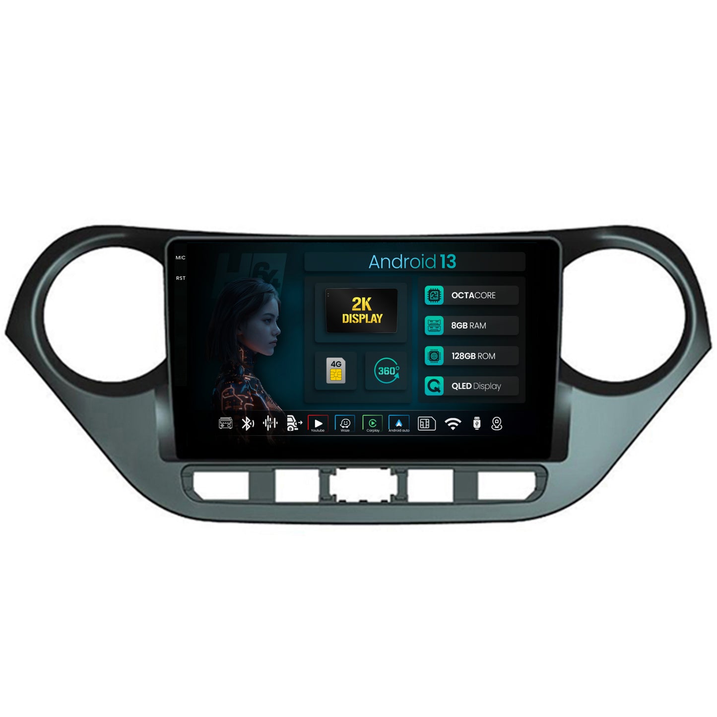 Navigatie 2K HUB64 Hyundai I10 (2013-2017), 8GB RAM, Android, Octacore, Slot Sim 4G, DSP, GPS, Wi-FI, Carplay, Android Auto, USB, Bluetooth, Waze, Touchscreen, 9.5 Inch