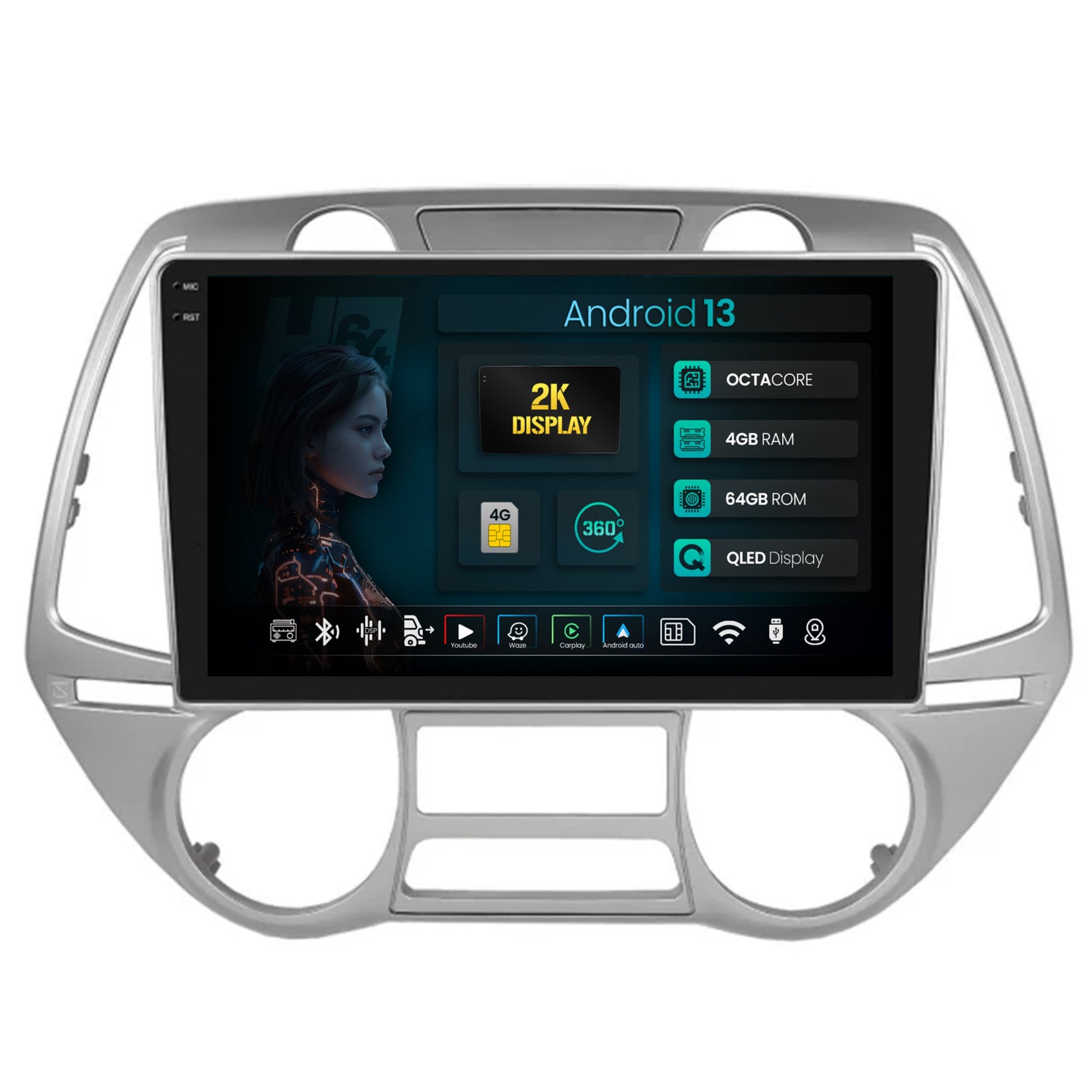 Navigatie 2K HUB64 Hyundai I20 (2008-2012), 4GB RAM, Android, Octacore, Slot Sim 4G, DSP, GPS, Wi-FI, Carplay, Android Auto, USB, Bluetooth, Waze, Touchscreen, 9.5 Inch V2