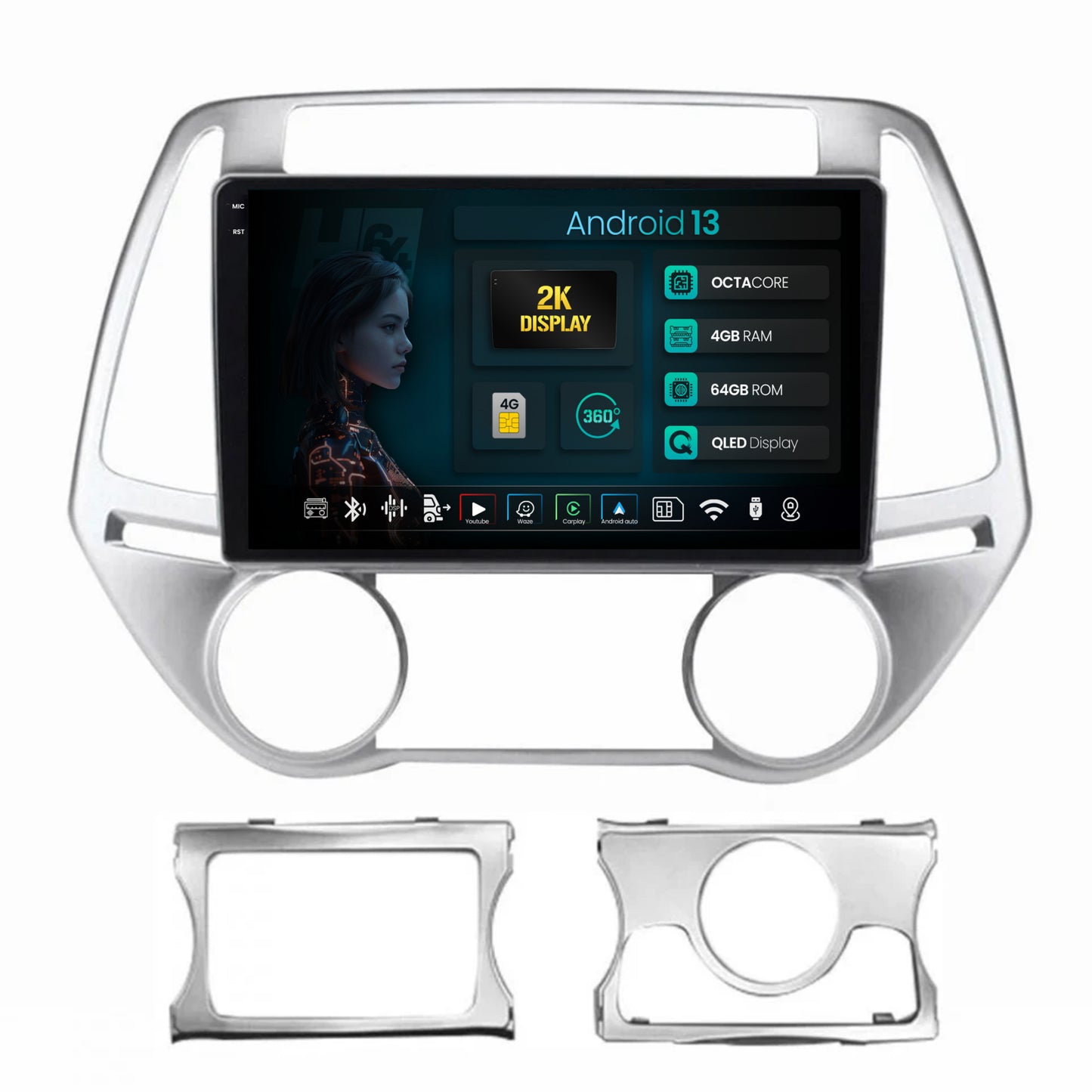 Navigatie 2K HUB64 Hyundai I20 (2012-2014), 4GB RAM, Android, Octacore, Slot Sim 4G, DSP, GPS, Wi-FI, Carplay, Android Auto, USB, Bluetooth, Waze, Touchscreen, 9.5 Inch