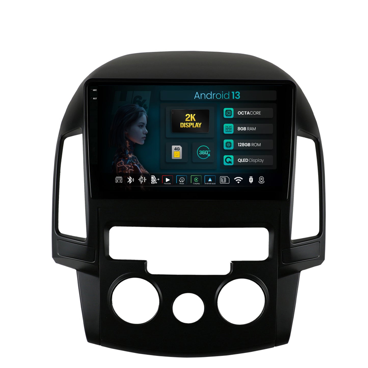 Navigatie 2K HUB64 Hyundai I30 (2007-2012), Clima manuala, 8GB RAM, Android, Octacore, Slot Sim 4G, DSP, GPS, Wi-FI, Carplay, Android Auto, USB, Bluetooth, Waze, Touchscreen, 9.5 Inch