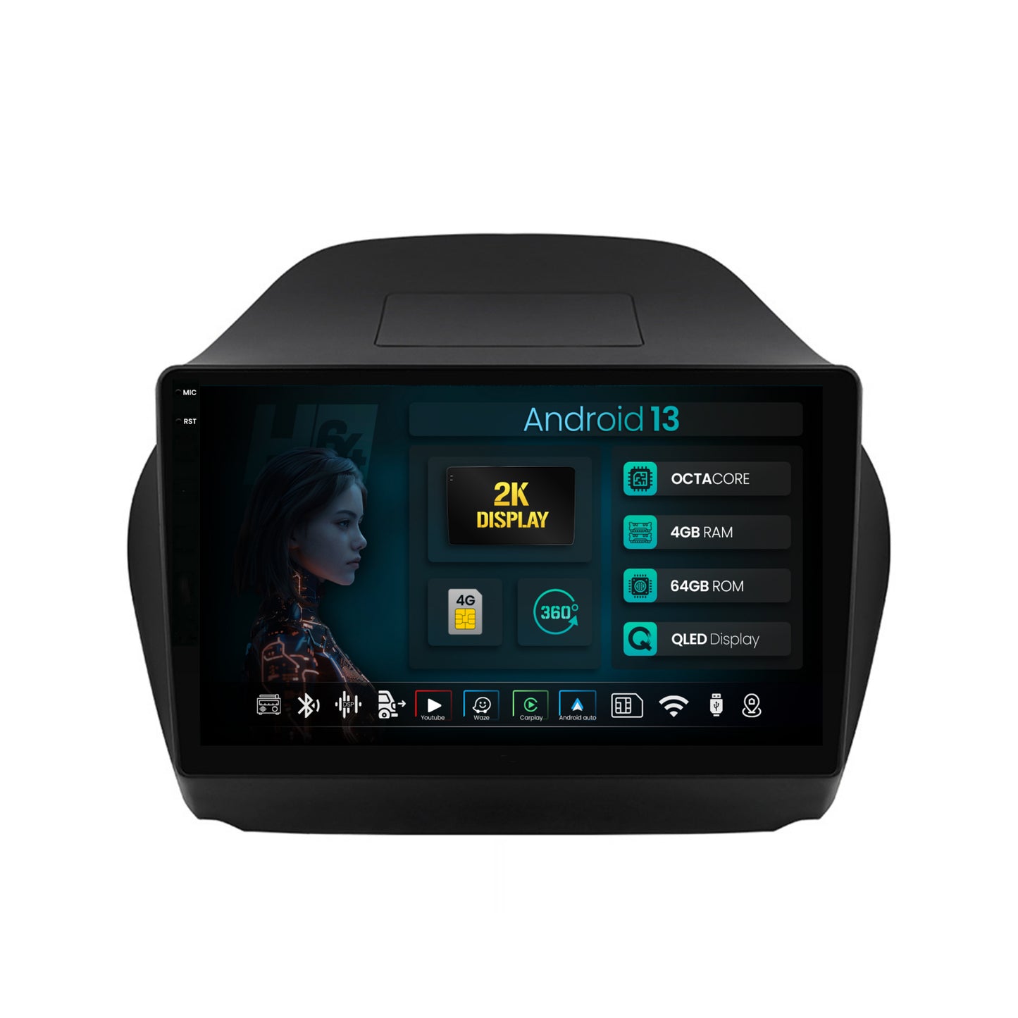 Navigatie 2K HUB64 Hyundai IX35 (2009-2015), 4GB RAM, Android, Octacore, Slot Sim 4G, DSP, GPS, Wi-FI, Carplay, Android Auto, USB, Bluetooth, Waze, Touchscreen, 10.36 Inch
