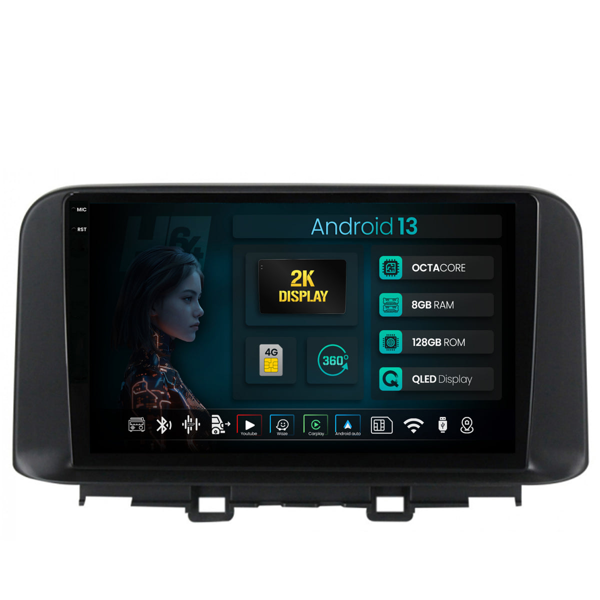 Navigatie 2K HUB64 Hyundai Kona (2018+), 8GB RAM, Android, Octacore, Slot Sim 4G, DSP, GPS, Wi-FI, Carplay, Android Auto, USB, Bluetooth, Waze, Touchscreen, 10.36 Inch