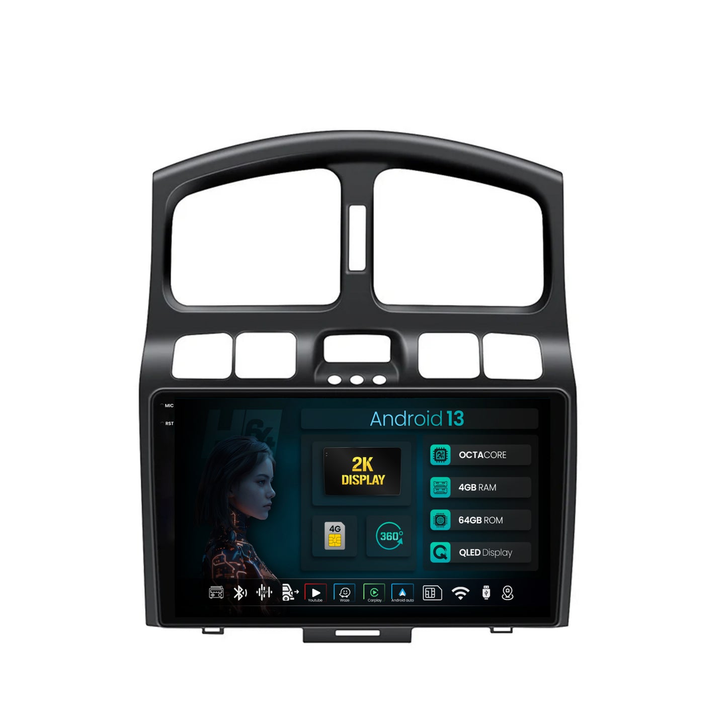 Navigatie 2K HUB64 Hyundai Santa Fe (2001-2005), 4GB RAM, Android, Octacore, Slot Sim 4G, DSP, GPS, Wi-FI, Carplay, Android Auto, USB, Bluetooth, Waze, Touchscreen, 9.5 Inch
