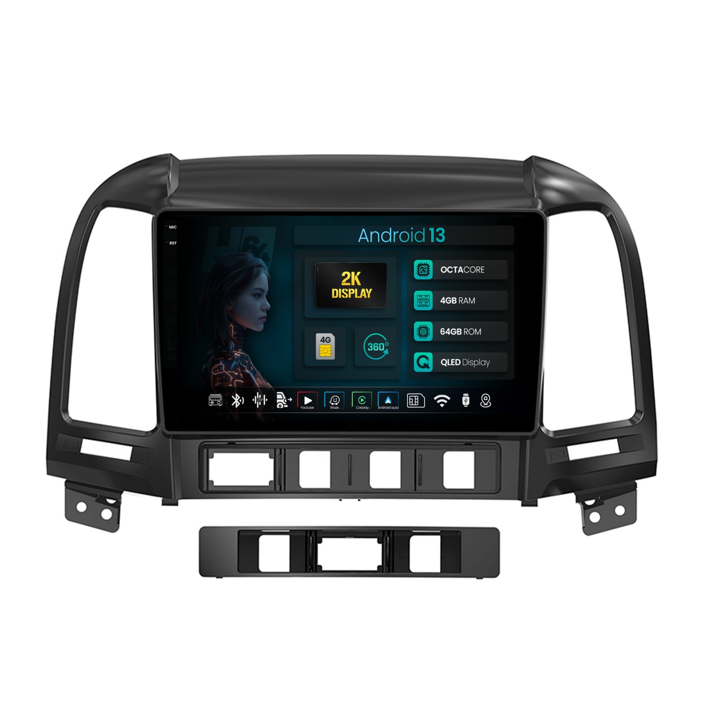 Navigatie 2K HUB64 Hyundai Santa Fe (2006-2012), 4GB RAM, Android, Octacore, Slot Sim 4G, DSP, GPS, Wi-FI, Carplay, Android Auto, USB, Bluetooth, Waze, Touchscreen, 9.5 Inch