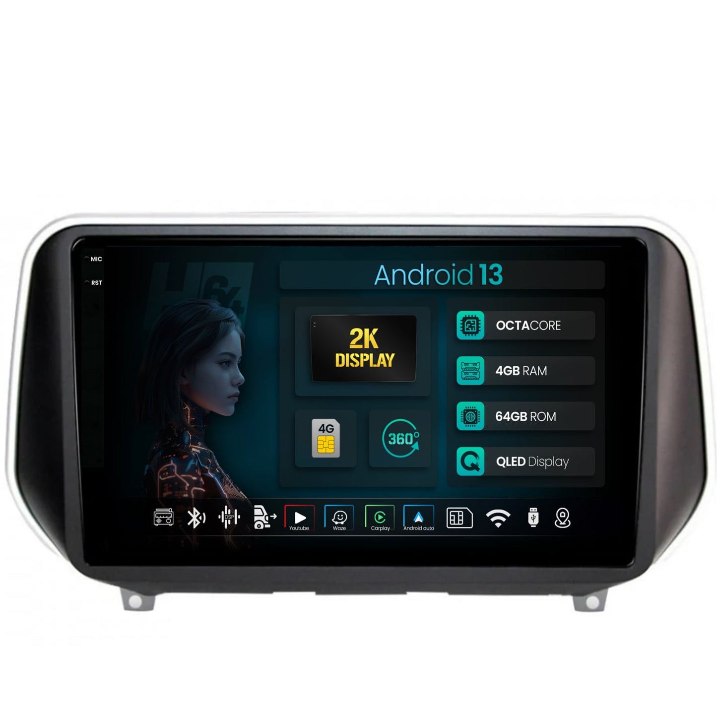 Navigatie 2K HUB64 Hyundai Santa Fe (2018-Prezent), 4GB RAM, Android, Octacore, Slot Sim 4G, DSP, GPS, Wi-FI, Carplay, Android Auto, USB, Bluetooth, Waze, Touchscreen, 9.5 Inch