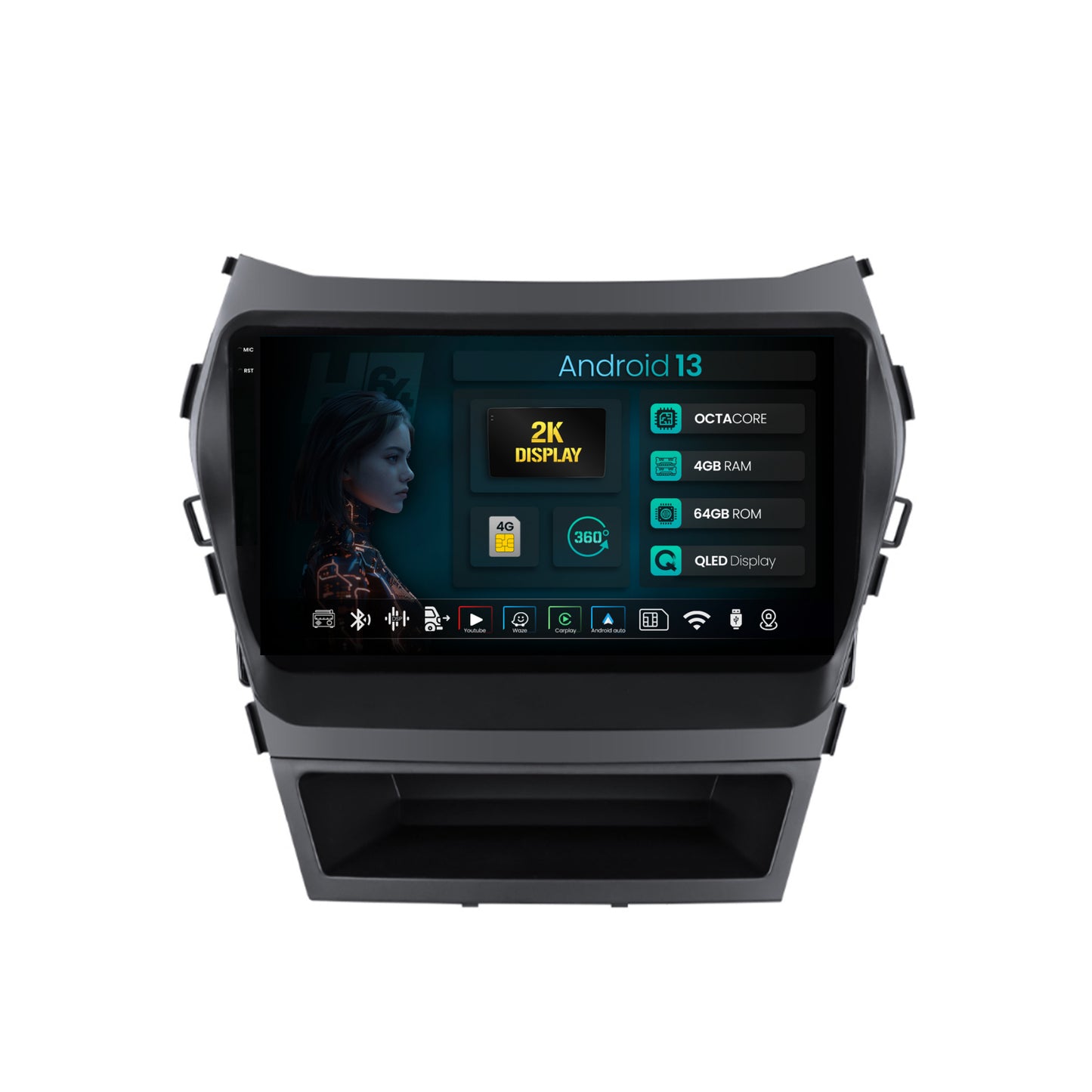 Navigatie 2K HUB64 Hyundai Santa Fe IX45 (2013-2017), 4GB RAM, Android, Octacore, Slot Sim 4G, DSP, GPS, Wi-FI, Carplay, Android Auto, USB, Bluetooth, Waze, Touchscreen, 9.5 Inch