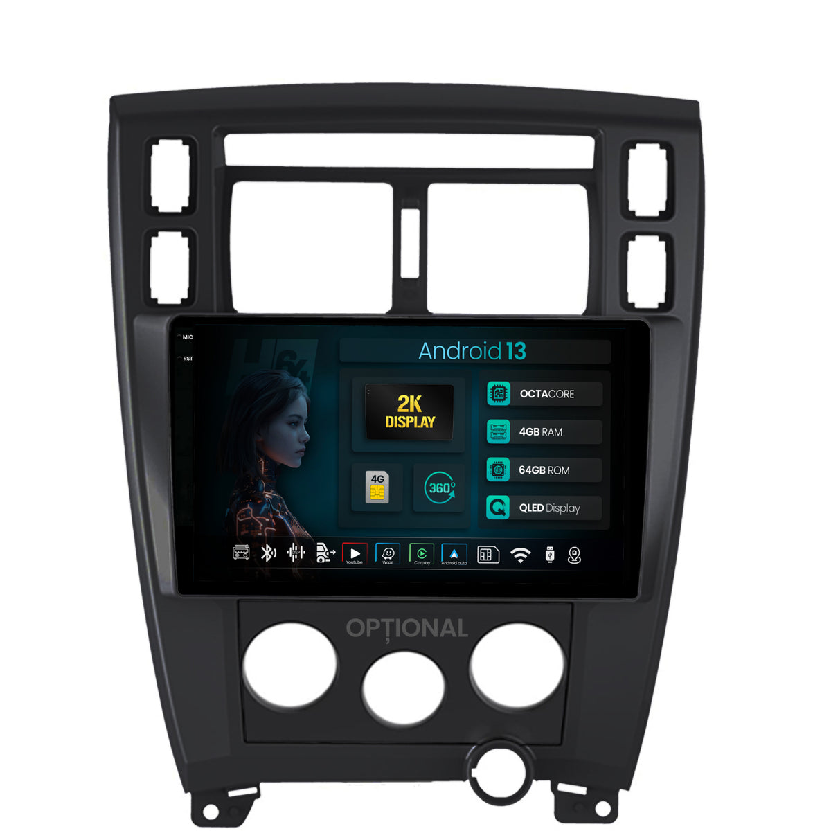 Navigatie 2K HUB64 Hyundai Tucson (2006-2013), 4GB RAM, Android, Octacore, Slot Sim 4G, DSP, GPS, Wi-FI, Carplay, Android Auto, USB, Bluetooth, Waze, Touchscreen, 10.36 Inch