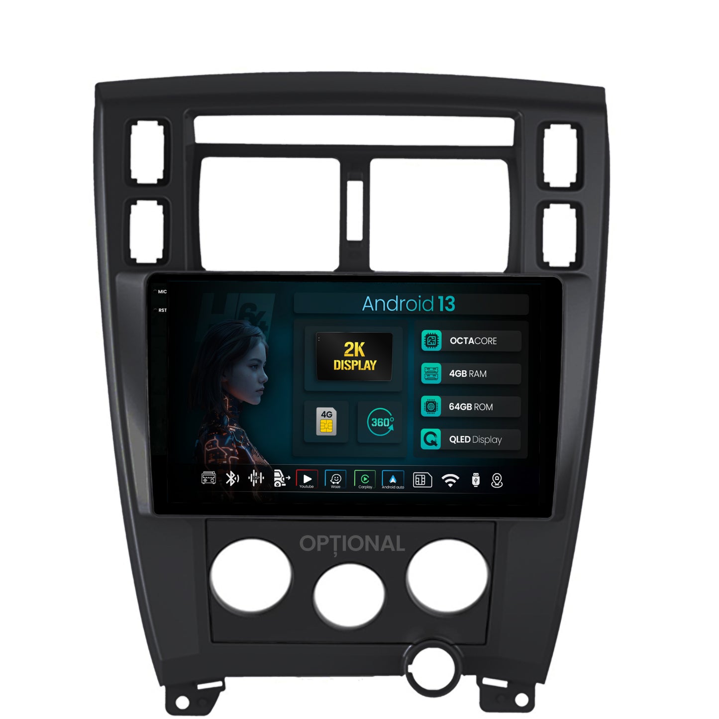 Navigatie 2K HUB64 Hyundai Tucson (2006-2013), 4GB RAM, Android, Octacore, Slot Sim 4G, DSP, GPS, Wi-FI, Carplay, Android Auto, USB, Bluetooth, Waze, Touchscreen, 10.36 Inch