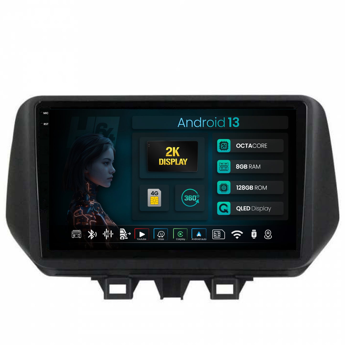 Navigatie 2K HUB64 Hyundai Tucson (2018-2020), 8GB RAM, Android, Octacore, Slot Sim 4G, DSP, GPS, Wi-FI, Carplay, Android Auto, USB, Bluetooth, Waze, Touchscreen, 9.5 Inch