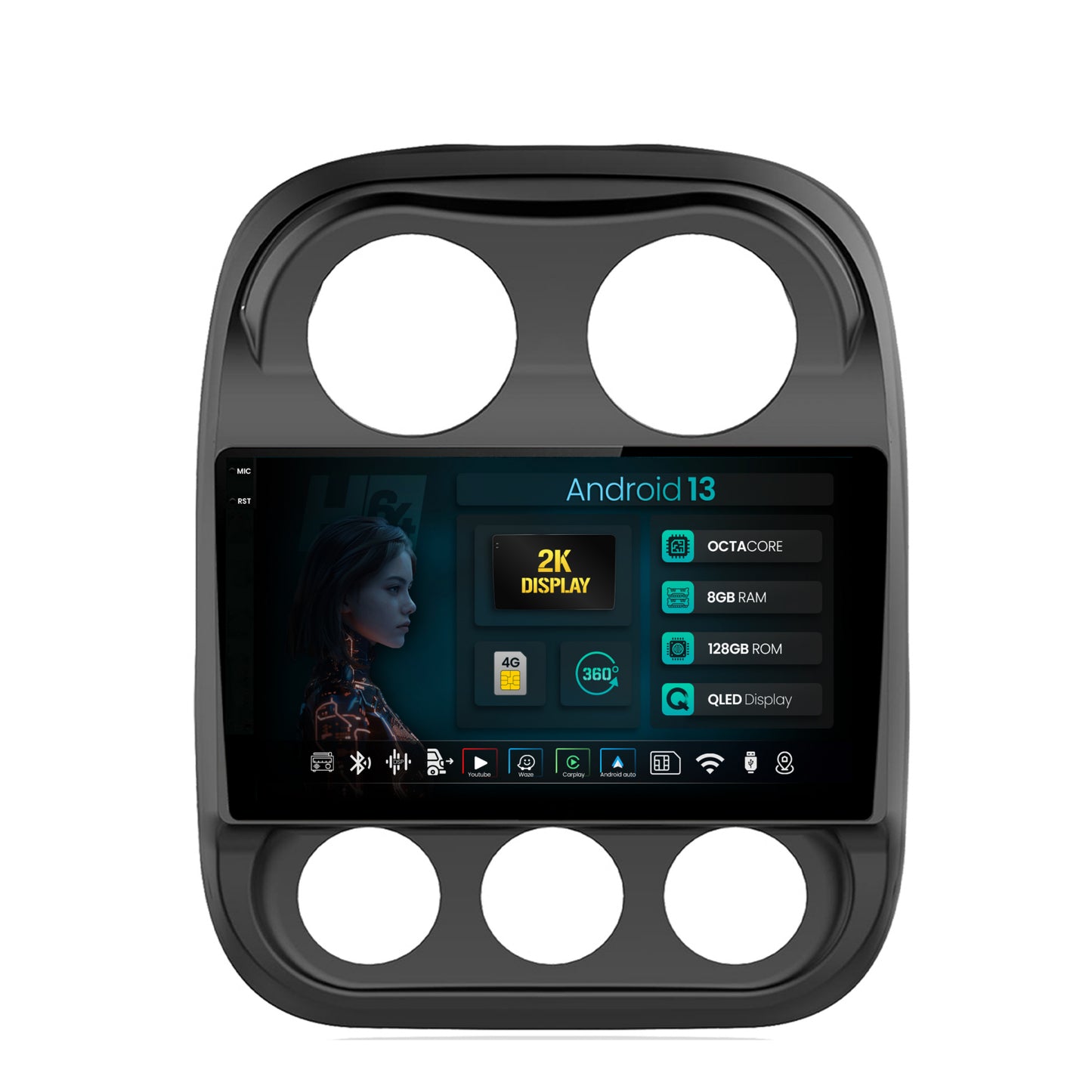 Navigatie 2K HUB64 Jeep Compass (2009-2016), 8GB RAM, Android, Octacore, Slot Sim 4G, DSP, GPS, Wi-FI, Carplay, Android Auto, USB, Bluetooth, Waze, Touchscreen, 10.36 Inch