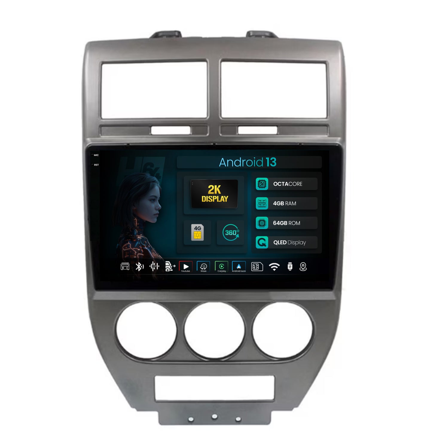 Navigatie 2K HUB64 Jeep Compass/Patriot (2006-2010), 4GB RAM, Android, Octacore, Slot Sim 4G, DSP, GPS, Wi-FI, Carplay, Android Auto, USB, Bluetooth, Waze, Touchscreen, 9.5 Inch