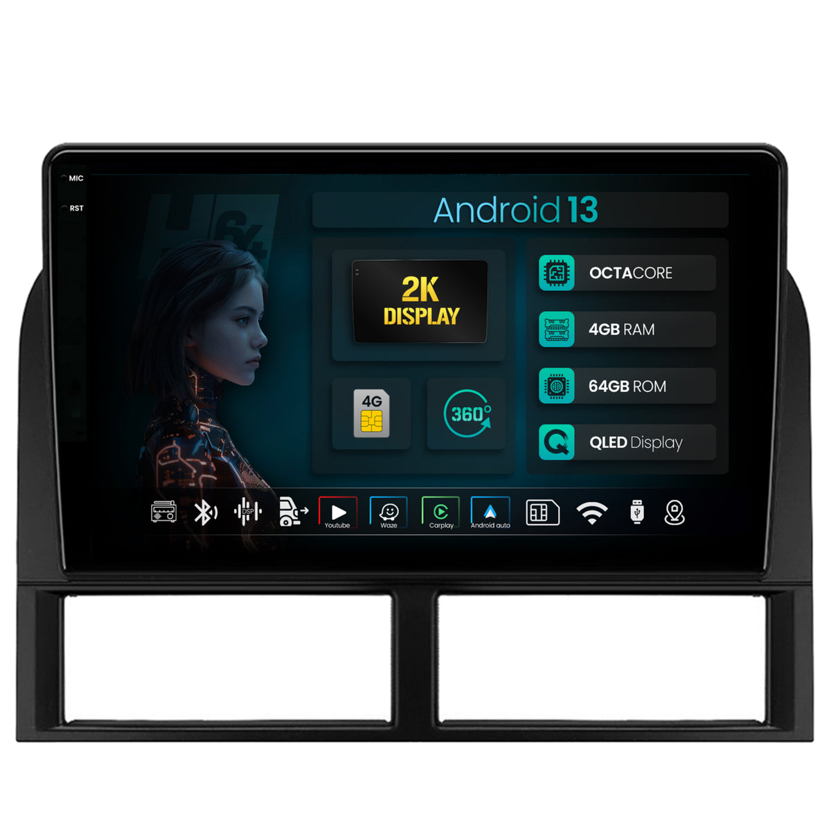 Navigatie 2K HUB64 Jeep Grand Cherokee (1998-2004), 4GB RAM, Android, Octacore, Slot Sim 4G, DSP, GPS, Wi-FI, Carplay, Android Auto, USB, Bluetooth, Waze, Touchscreen, 9.5 Inch
