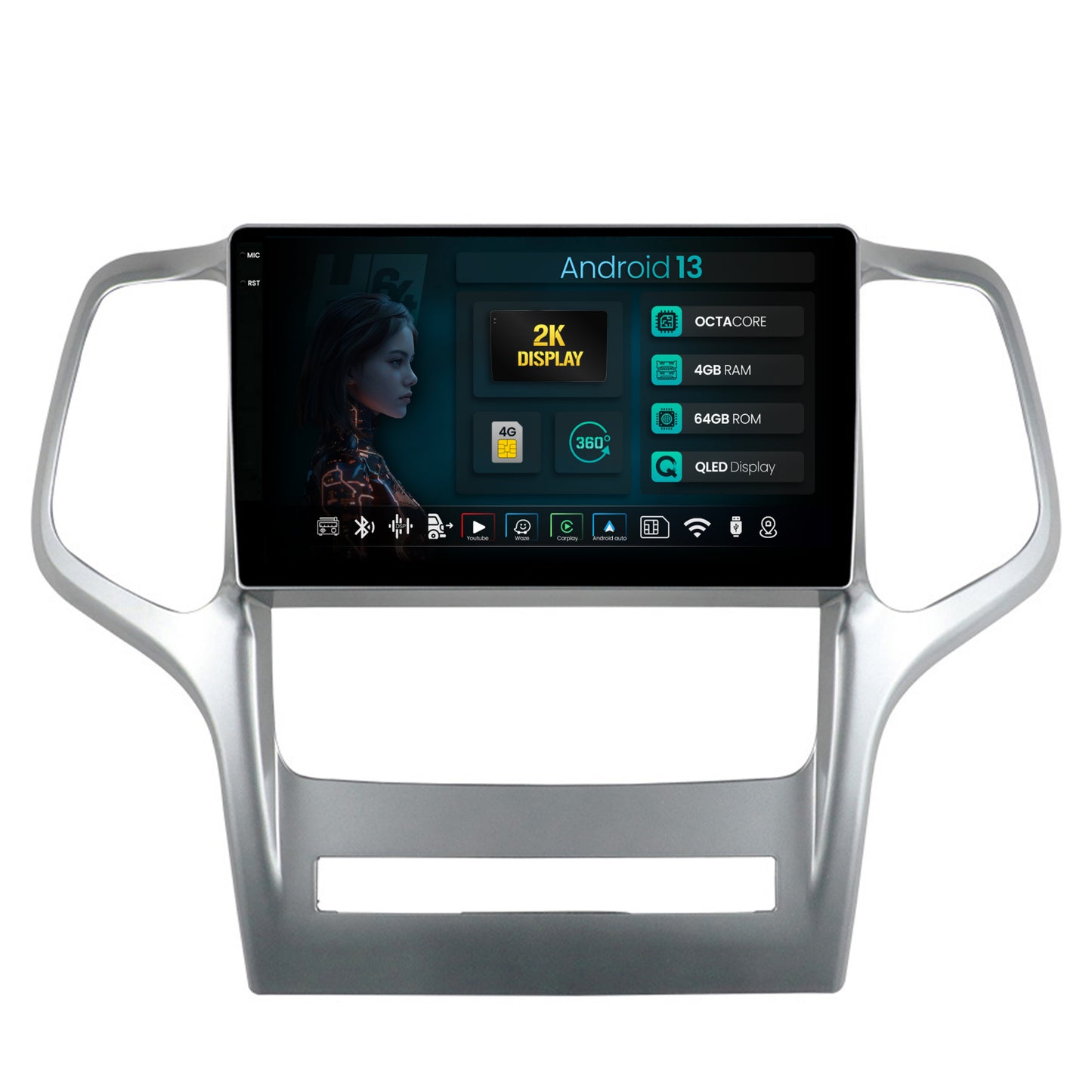 Navigatie 2K HUB64 Jeep Grand Cherokee (2010-2013), 4GB RAM, Android, Octacore, Slot Sim 4G, DSP, GPS, Wi-FI, Carplay, Android Auto, USB, Bluetooth, Waze, Touchscreen, 9.5 Inch