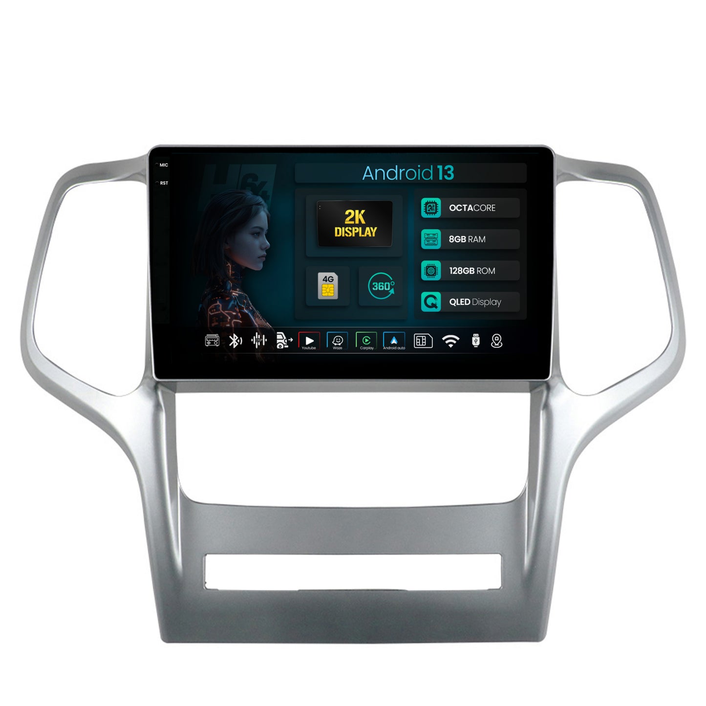 Navigatie 2K HUB64 Jeep Grand Cherokee (2010-2013), 8GB RAM, Android, Octacore, Slot Sim 4G, DSP, GPS, Wi-FI, Carplay, Android Auto, USB, Bluetooth, Waze, Touchscreen, 9.5 Inch
