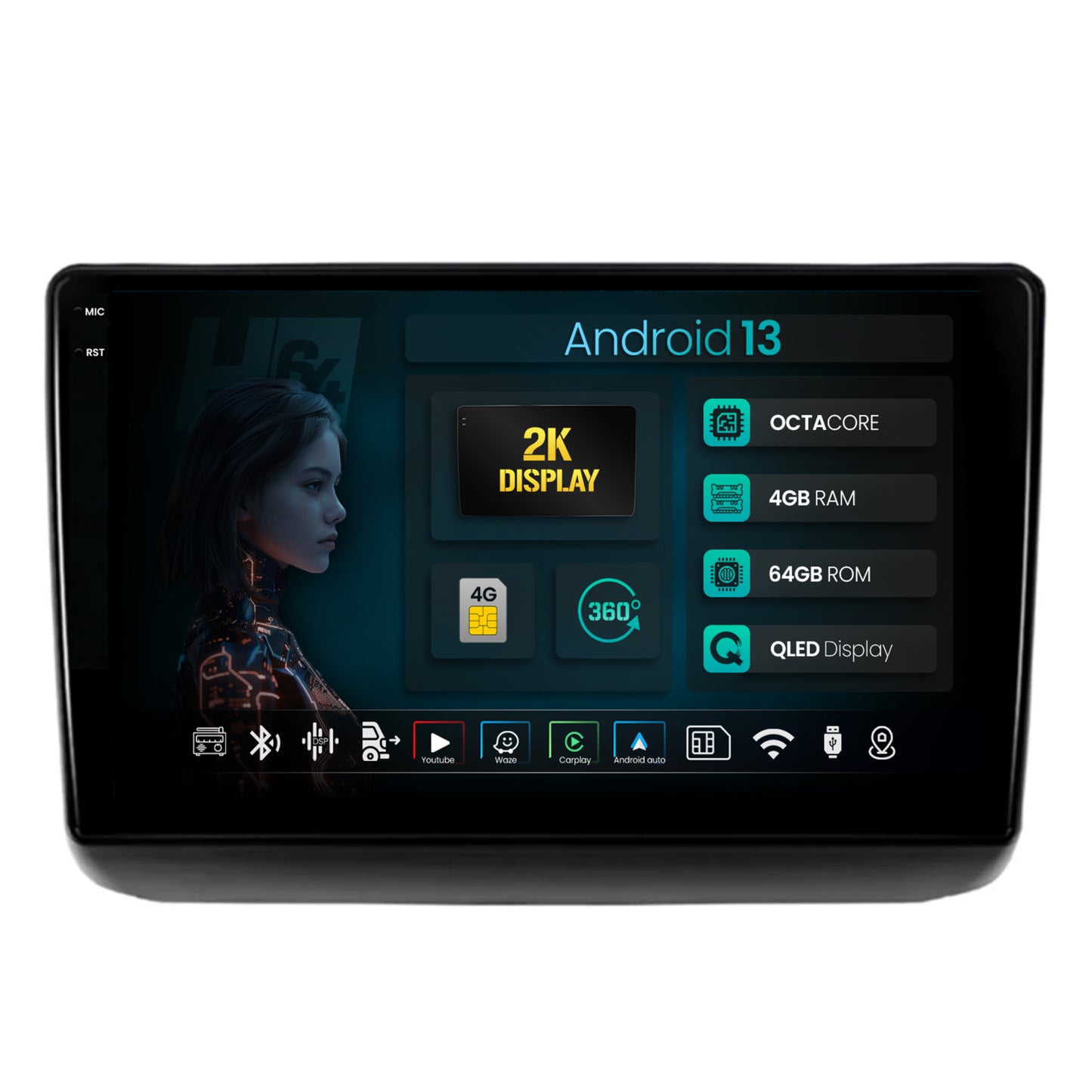 Navigatie 2K HUB64 Jeep Grand Cherokee (2013-2020), 4GB RAM, Android, GPS, Wi-FI, Carplay, Android Auto, USB, Bluetooth, Radio, Waze, Touchscreen, 9.5 Inch