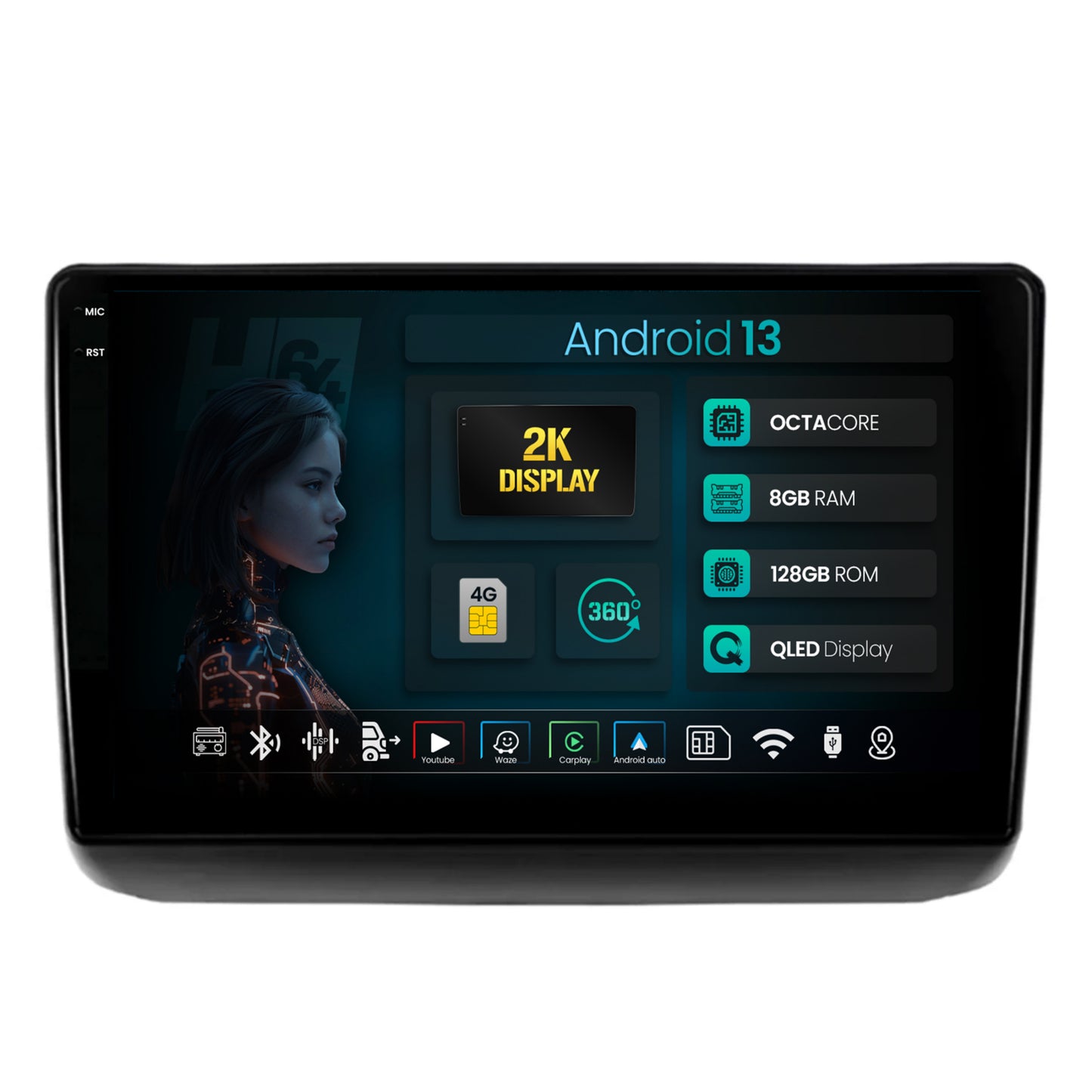 Navigatie 2K HUB64 Jeep Grand Cherokee (2013-2020), 8GB RAM, Android, Octacore, Slot Sim 4G, DSP, GPS, Wi-FI, Carplay, Android Auto, USB, Bluetooth, Waze, Touchscreen, 9.5 Inch