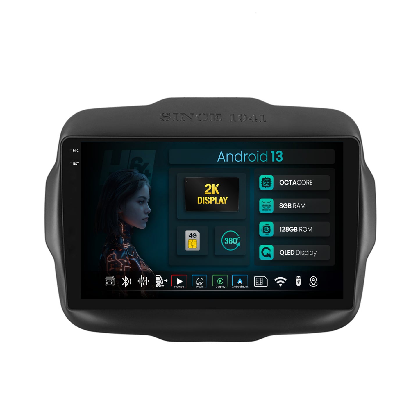 Navigatie 2K HUB64 Jeep Renegade (2014-2018), 8GB RAM, Android, Octacore, Slot Sim 4G, DSP, GPS, Wi-FI, Carplay, Android Auto, USB, Bluetooth, Waze, Touchscreen, 9.5 Inch