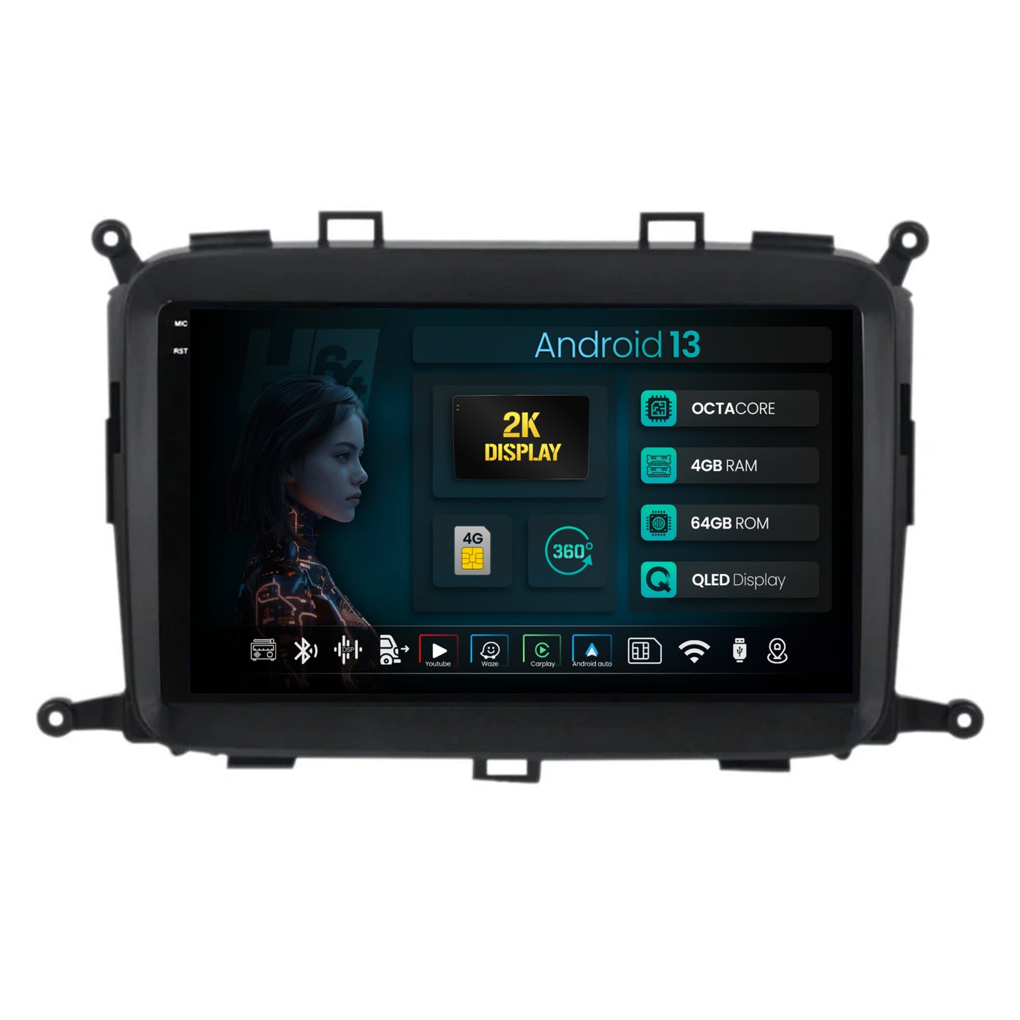Navigatie 2K HUB64 Kia Carens (2012-2017), 4GB RAM, Android, Octacore, Slot Sim 4G, DSP, GPS, Wi-FI, Carplay, Android Auto, USB, Bluetooth, Waze, Touchscreen, 9.5 Inch - Copie