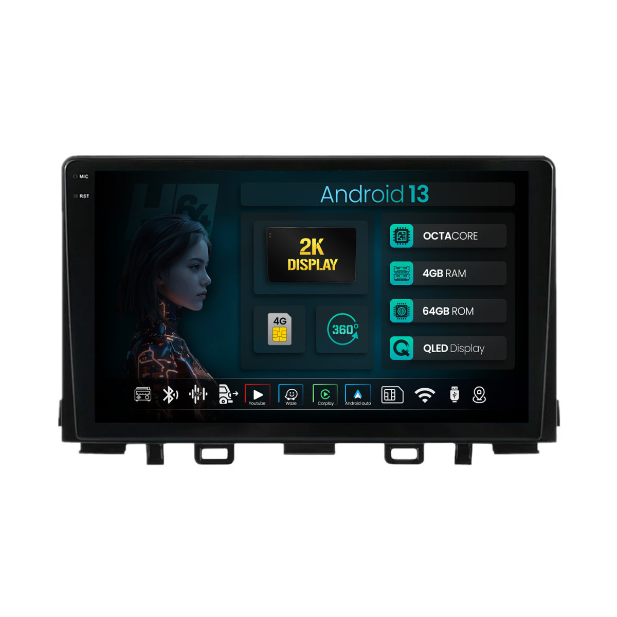 Navigatie 2K HUB64 Kia Rio (2017-2024), 4GB RAM, Android, Octacore, Slot Sim 4G, DSP, GPS, Wi-FI, Carplay, Android Auto, USB, Bluetooth, Waze, Touchscreen, 9.5 Inch
