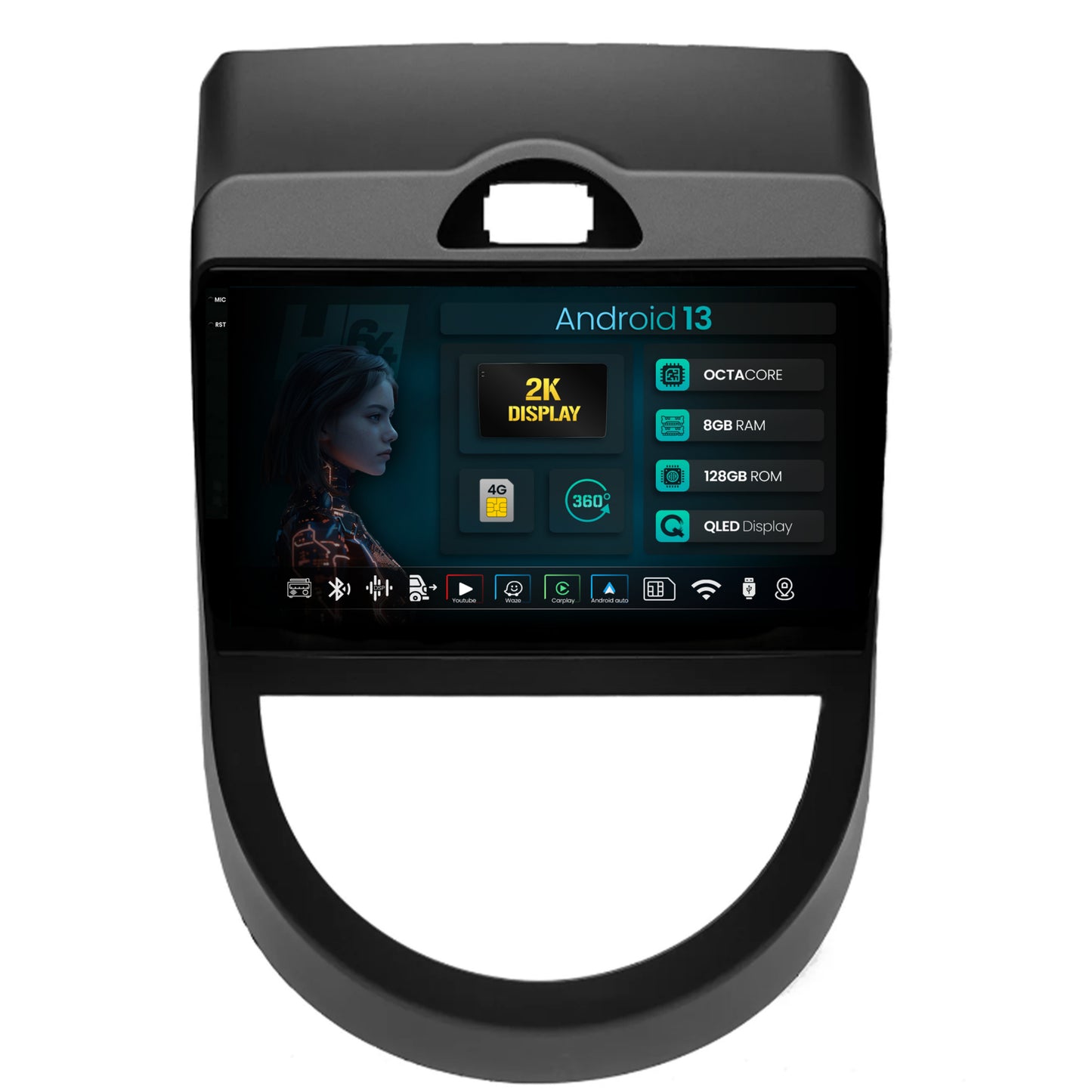 Navigatie 2K HUB64 Kia Soul (2009-2013), 8GB RAM, Android, Octacore, Slot Sim 4G, DSP, GPS, Wi-FI, Carplay, Android Auto, USB, Bluetooth, Waze, Touchscreen, 9.5 Inch