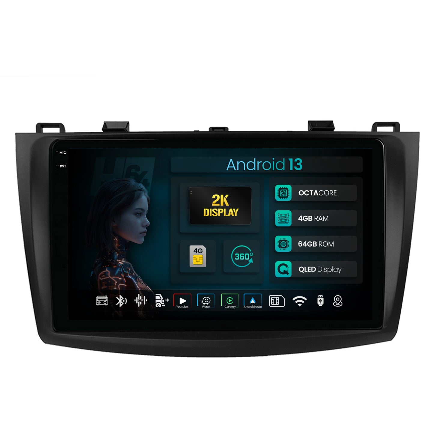 Navigatie 2K HUB64 Mazda 3 (2009-2013), 4GB RAM, Android, Octacore, Slot Sim 4G, DSP, GPS, Wi-FI, Carplay, Android Auto, USB, Bluetooth, Waze, Touchscreen, 9.5 Inch