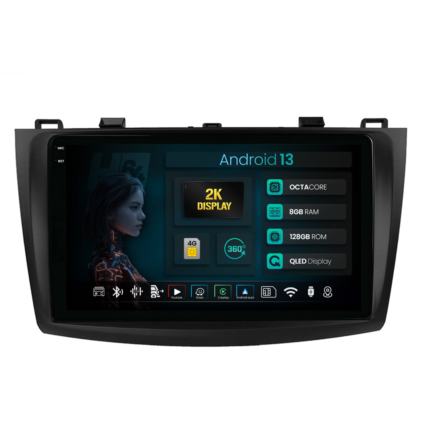 Navigatie 2K HUB64 Mazda 3 (2009-2013), 8GB RAM, Android, Octacore, Slot Sim 4G, DSP, GPS, Wi-FI, Carplay, Android Auto, USB, Bluetooth, Waze, Touchscreen, 9.5 Inch