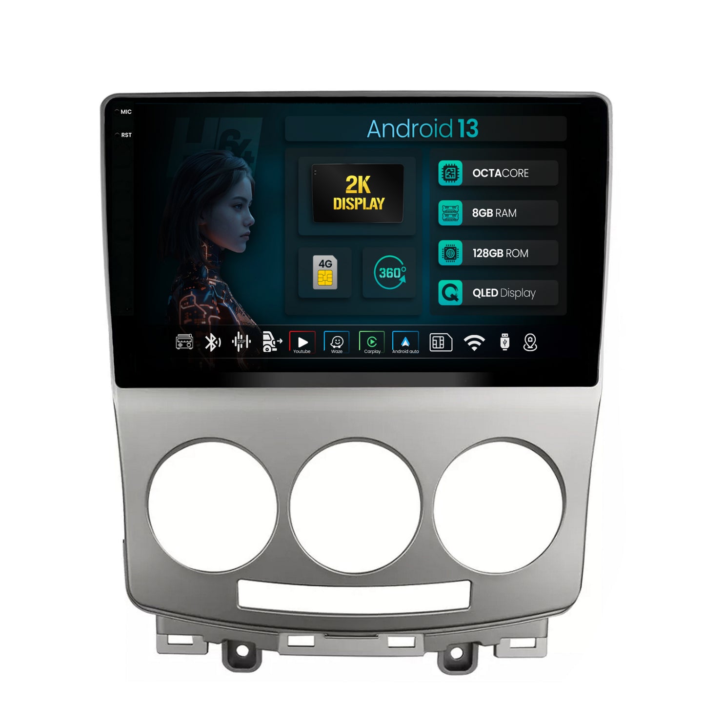 Navigatie 2K HUB64 Mazda 5 (2005-2010), 8GB RAM, Android, Octacore, Slot Sim 4G, DSP, GPS, Wi-FI, Carplay, Android Auto, USB, Bluetooth, Waze, Touchscreen, 9.5 Inch
