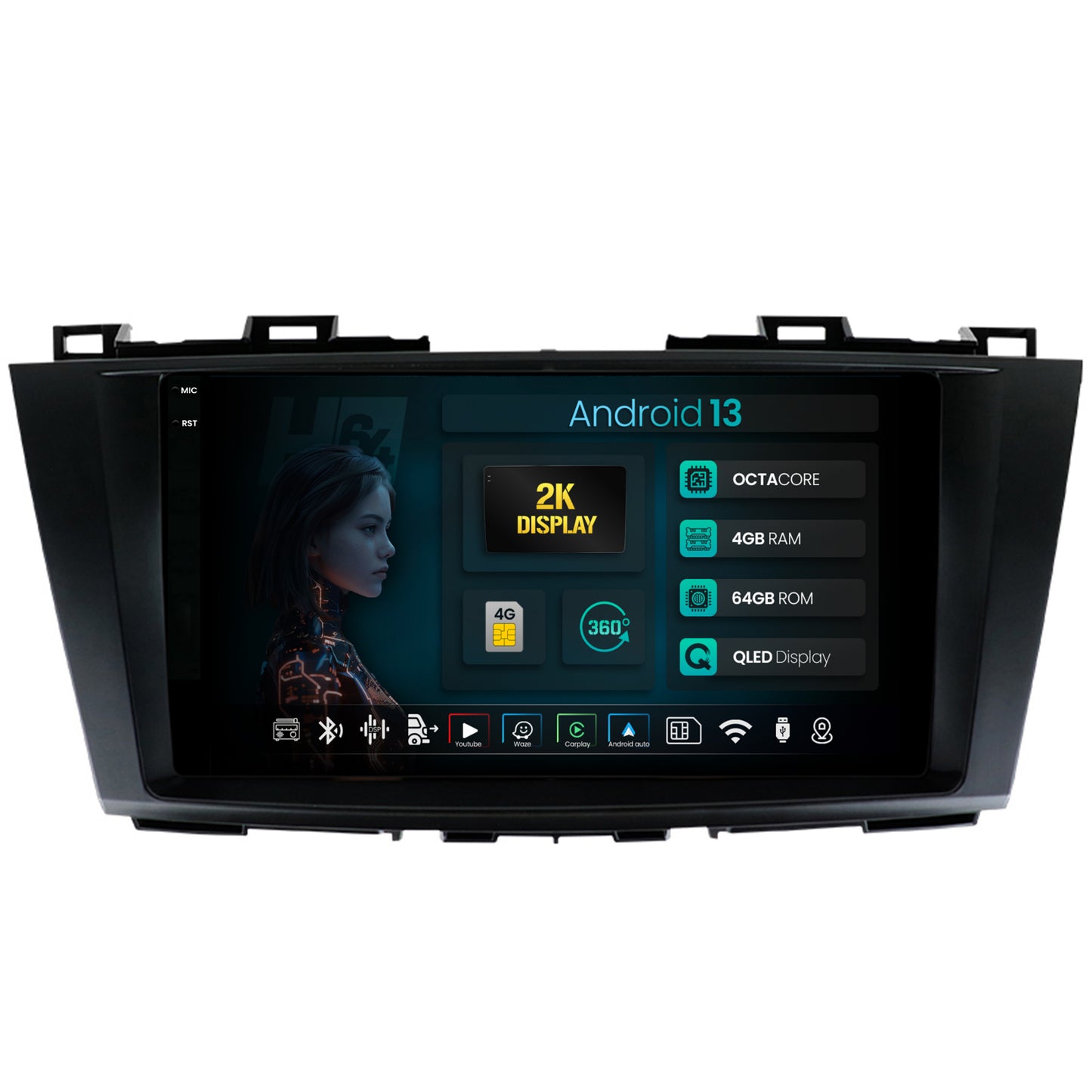 Navigatie 2K HUB64 Mazda 5 (2010-2015), 4GB RAM, Android, Octacore, Slot Sim 4G, DSP, GPS, Wi-FI, Carplay, Android Auto, USB, Bluetooth, Waze, Touchscreen, 9.5 Inch
