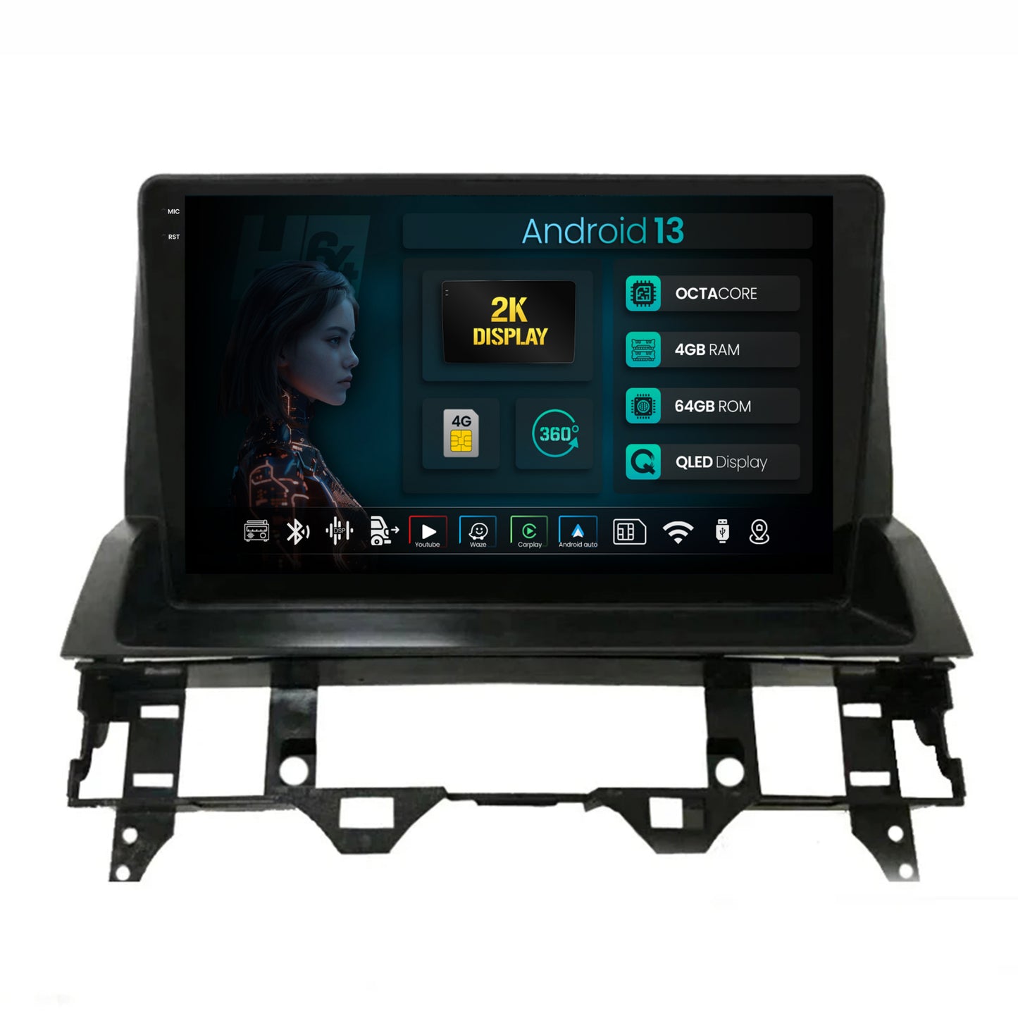 Navigatie 2K HUB64 Mazda 6 (2002-2008), 4GB RAM, Android, Octacore, Slot Sim 4G, DSP, GPS, Wi-FI, Carplay, Android Auto, USB, Bluetooth, Waze, Touchscreen, 10.36 Inch
