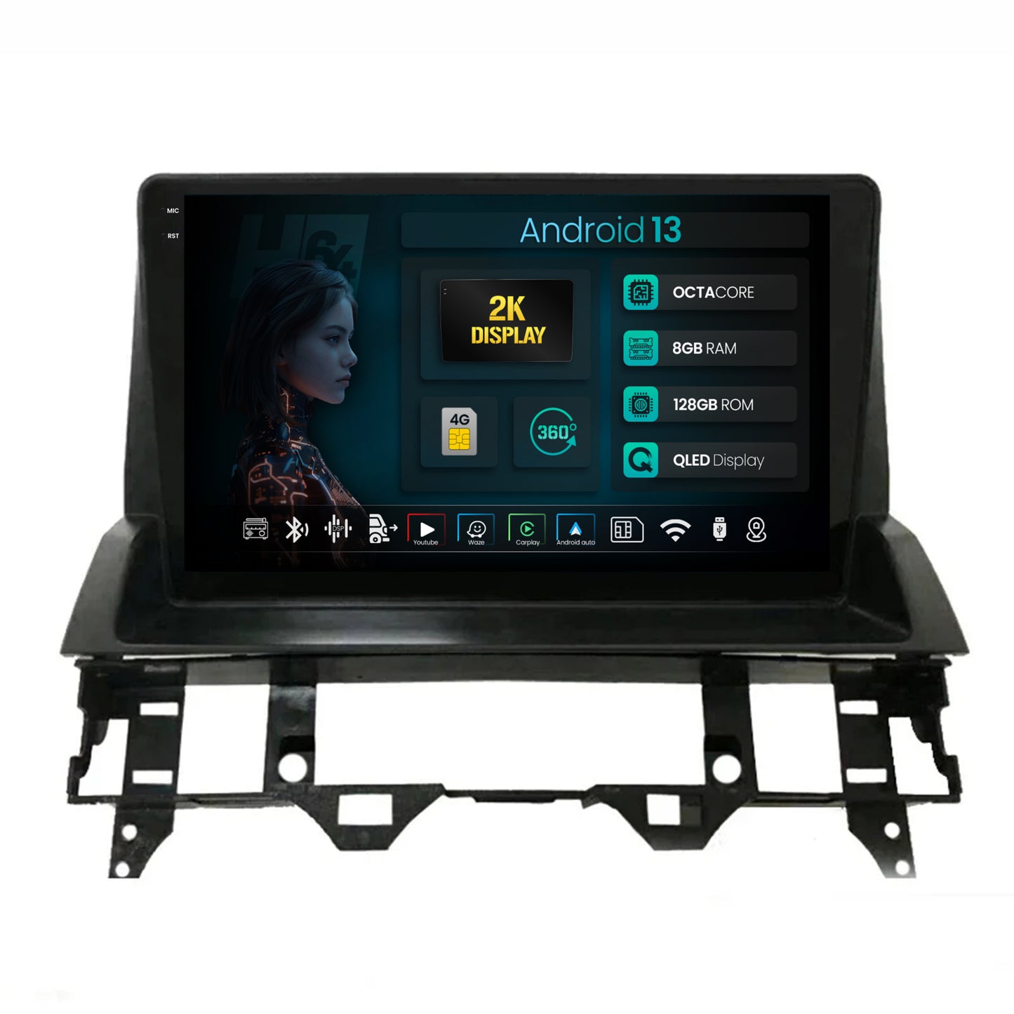 Navigatie 2K HUB64 Mazda 6 (2002-2008), 8GB RAM, Android, Octacore, Slot Sim 4G, DSP, GPS, Wi-FI, Carplay, Android Auto, USB, Bluetooth, Waze, Touchscreen, 10 Inch