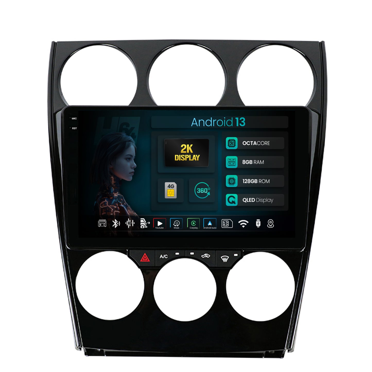 Navigatie 2K HUB64 Mazda 6 (2002-2008), 8GB RAM, Android, Octacore, Slot Sim 4G, DSP, GPS, Wi-FI, Carplay, Android Auto, USB, Bluetooth, Waze, Touchscreen, 9.5 Inch