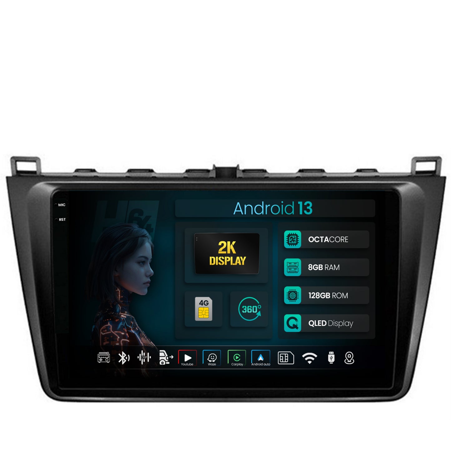 Navigatie 2K HUB64 Mazda 6 (2008-2013), 8GB RAM, Android, Octacore, Slot Sim 4G, DSP, GPS, Wi-FI, Carplay, Android Auto, USB, Bluetooth, Waze, Touchscreen, 9.5 Inch
