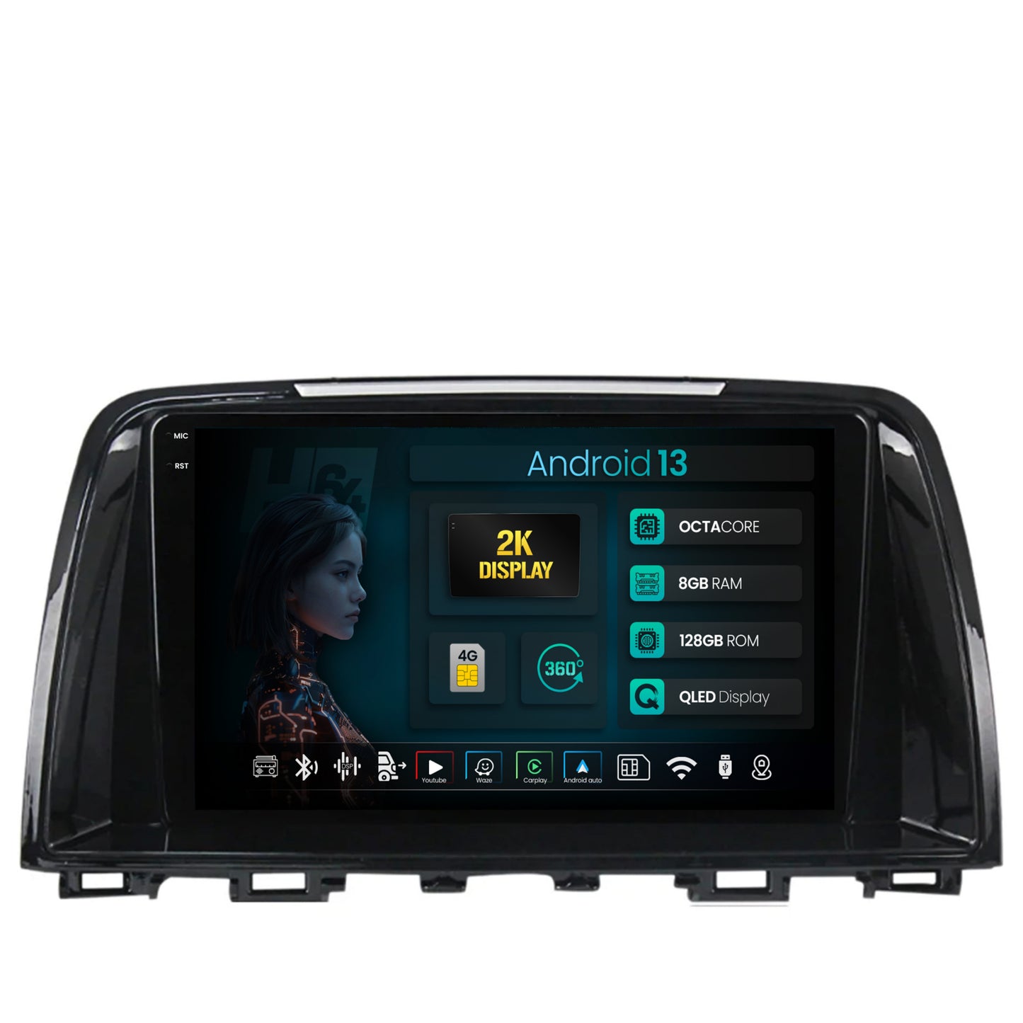 Navigatie 2K HUB64 Mazda 6 (2013-2015), 8GB RAM, Android, Octacore, Slot Sim 4G, DSP, GPS, Wi-FI, Carplay, Android Auto, USB, Bluetooth, Waze, Touchscreen, 9.5 Inch