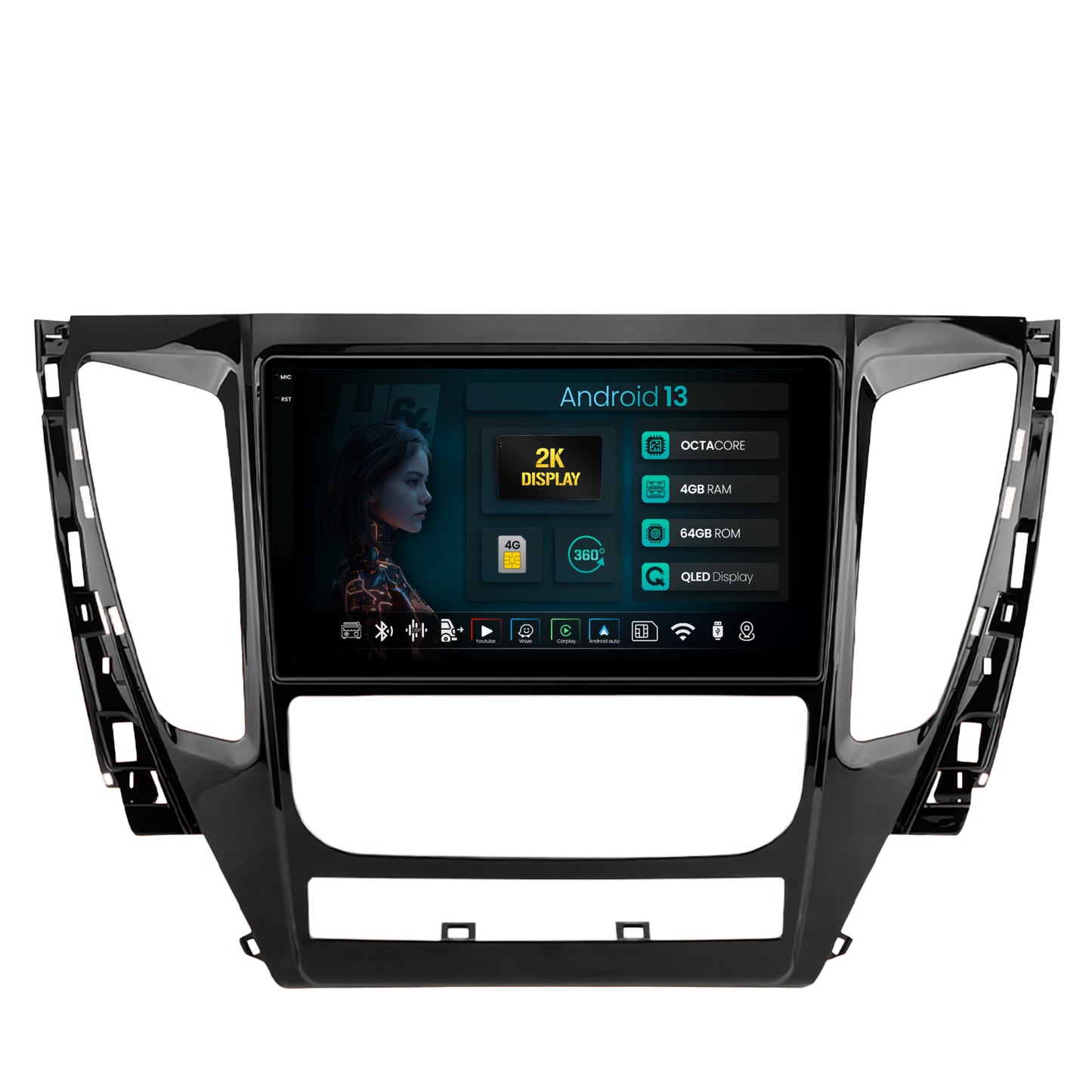 Navigatie 2K HUB64 Mitsubishi Pajero (2016-2018), 4GB RAM, Android, Octacore, Slot Sim 4G, DSP, GPS, Wi-FI, Carplay, Android Auto, USB, Bluetooth, Waze, Touchscreen, 9.5 Inch