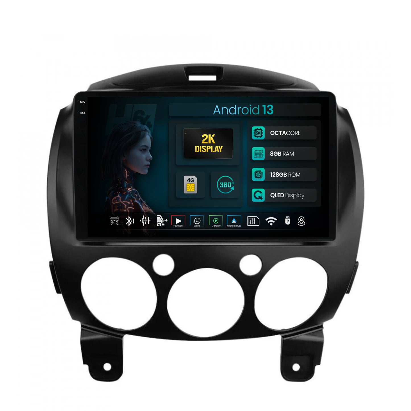 Navigatie 2K HUB64 Mazda 2 (2007-2014), 8GB RAM, Android, Octacore, Slot Sim 4G, DSP, GPS, Wi-FI, Carplay, Android Auto, USB, Bluetooth, Waze, Touchscreen, 9.5 Inch
