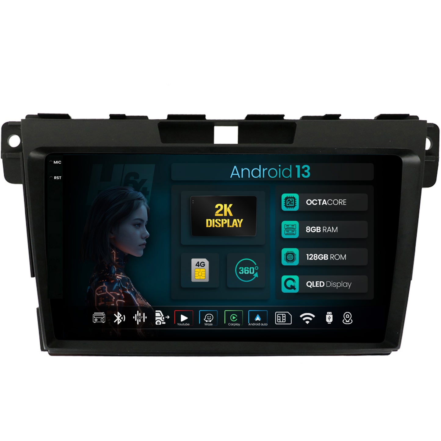 Navigatie 2K HUB64 Mazda CX-7 (2008-2013), 8GB RAM, Android, Octacore, Slot Sim 4G, DSP, GPS, Wi-FI, Carplay, Android Auto, USB, Bluetooth, Waze, Touchscreen, 9.5 Inch